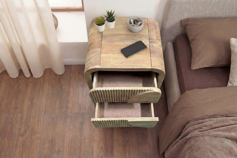 riess-ambiente Nachttisch ART DECO 50cm cream finish beige - Mangoholz, mit Schubladen, kompakt (Einzelartikel, 1-St), Massiver Beistelltisch - ideal für Boho-Schlafzimmer und Wohnbereiche