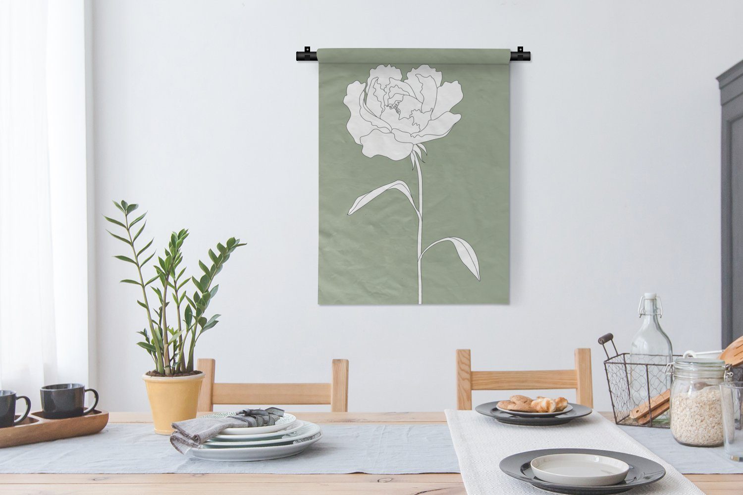 der Grün - Wand, an Wanddekoobjekt Tapisserie, - Pflanzen, Rose - Deko Schlafzimmer Weiß Blumen MuchoWow Wohnzimmer, für -
