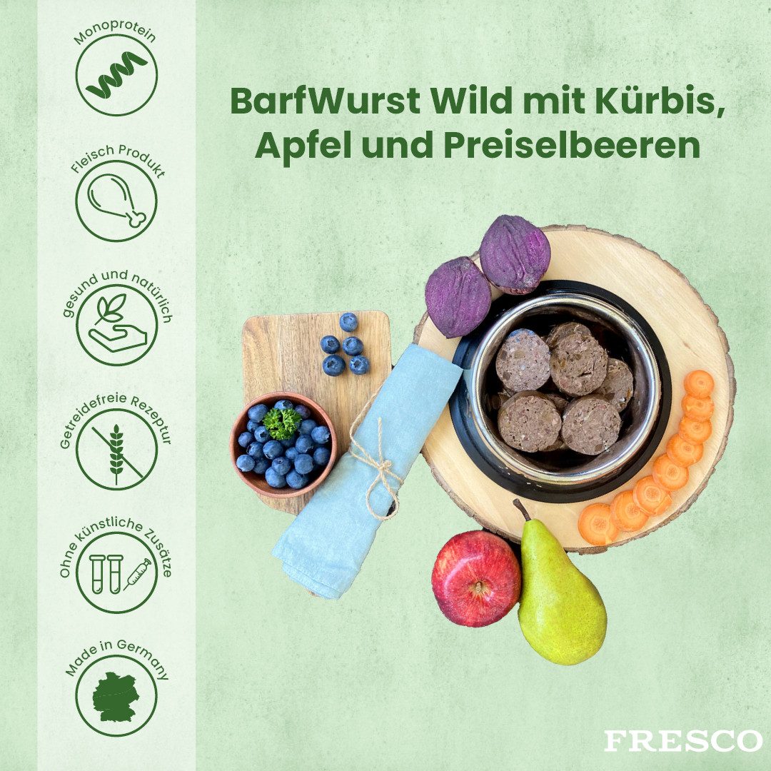 Fresco Dog Hundewurst schnittfest Wild mit Kürbis & Apfel I 2 x 400g, Nassfutter für: Hunde, 88% Frischfleisch, getreidefrei & vitaminreich