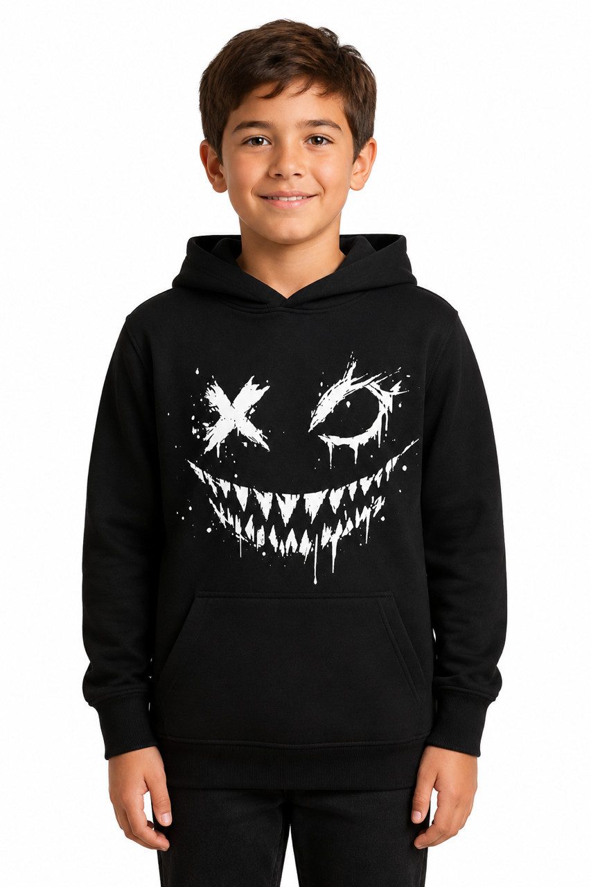 coole-fun-t-shirts Hoodie GrinX Kinder Hoodie schwarz Horror Gesicht Jungen Mädchen 128–164 GrinX Jungen und Mädchen Sweatshirt schwarz mit Kapuze