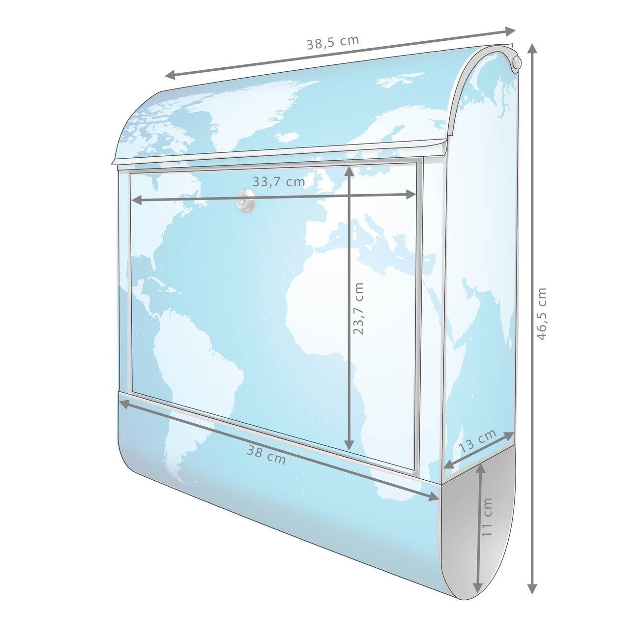 Weltkarte witterungsbeständig, banjado silberfarben pulverbeschichtet, (Wandbriefkasten Zeitungsfach), Wandbriefkasten x 39 mit 47 x 14cm Stahl