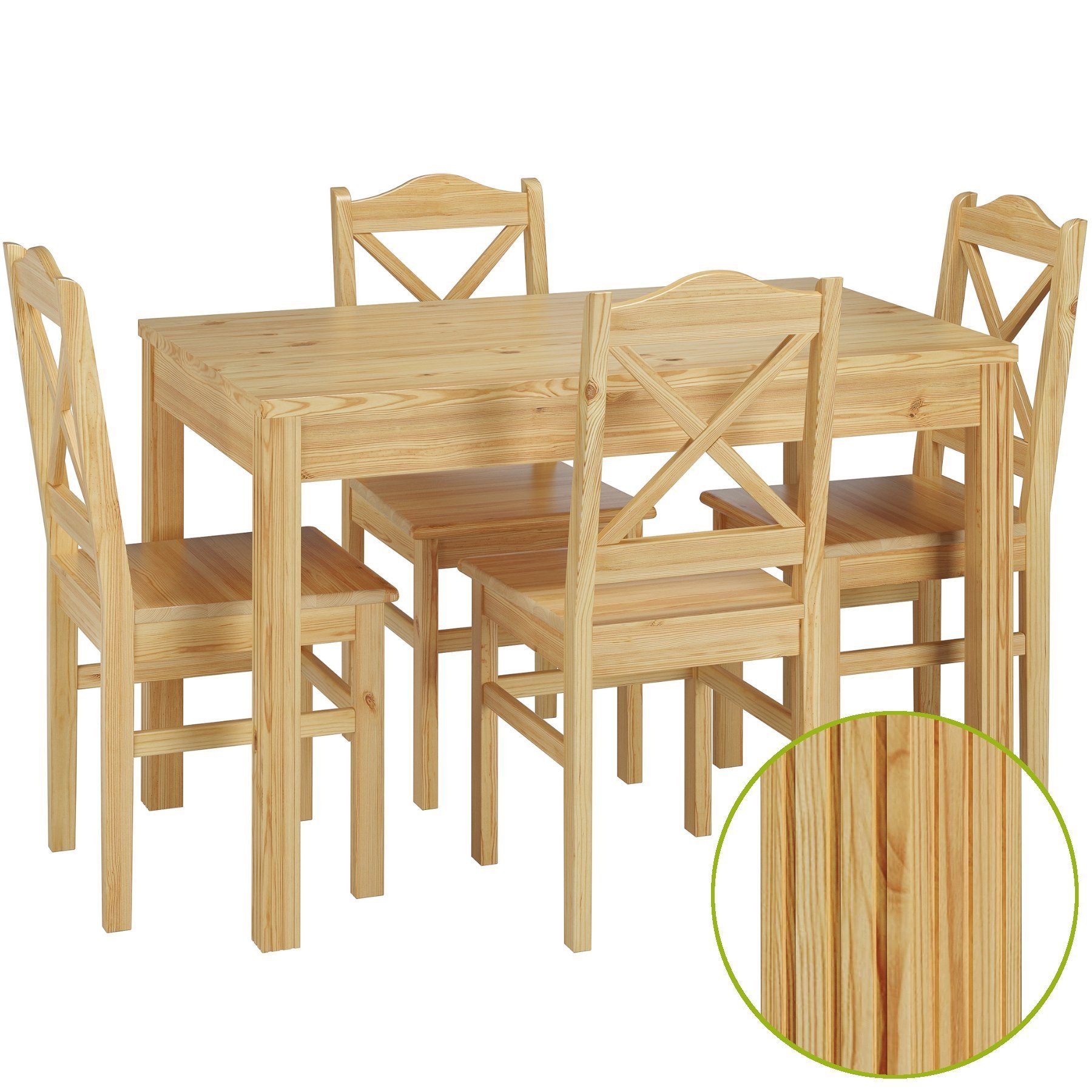 ERST-HOLZ Essgruppe Schöne Essgruppe mit Tisch und 4 Stühlen Kiefer Massivholz natur