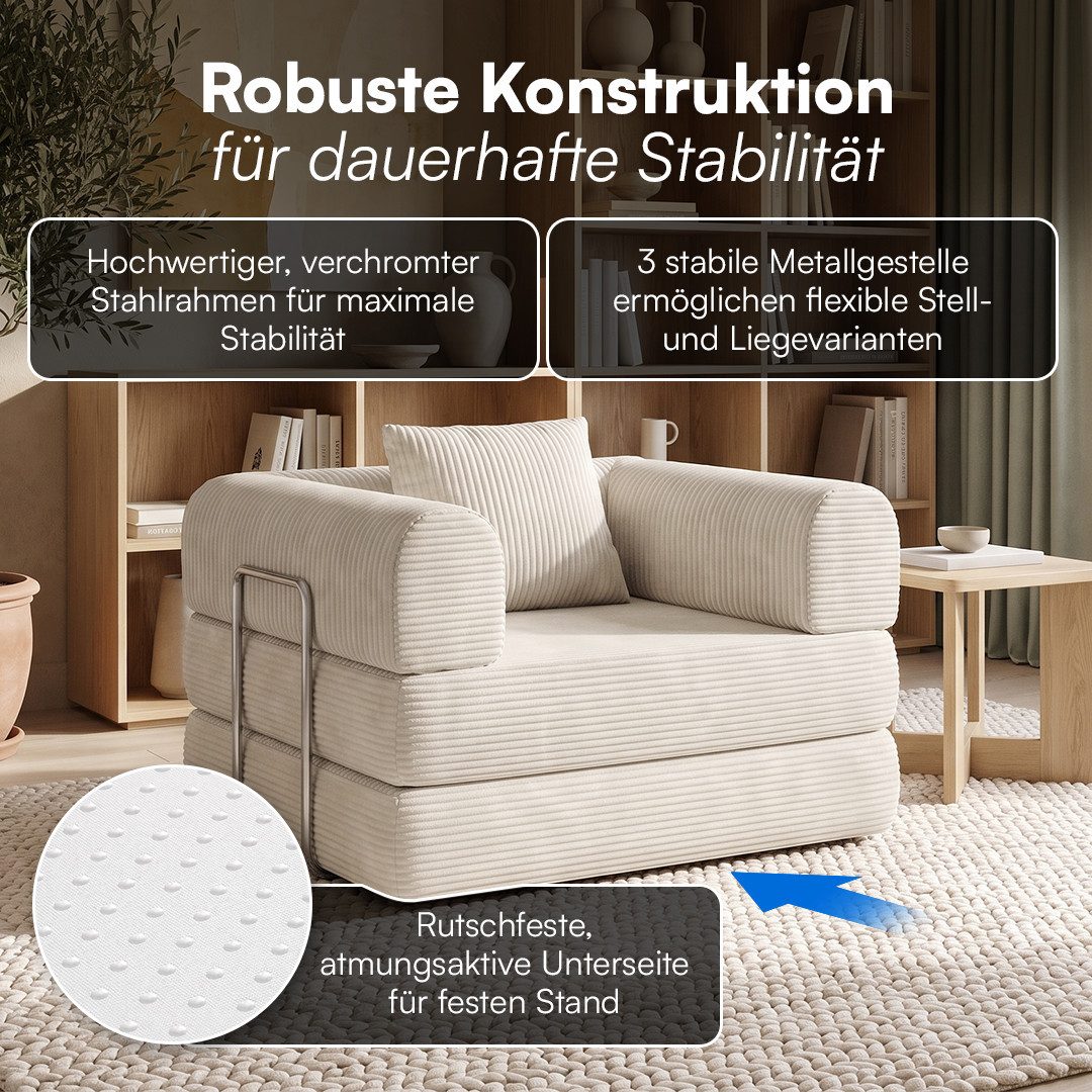 skølm Sofa & Sessel Lofn aus Vollschaum Cord, umwandelbar zum Schlafsofa/-Sessel, Beige, Cordsessel 115cm breit, 1 Sitzer, kein Aufbau erforderlich, vakuumiert – Bild 5 von 5