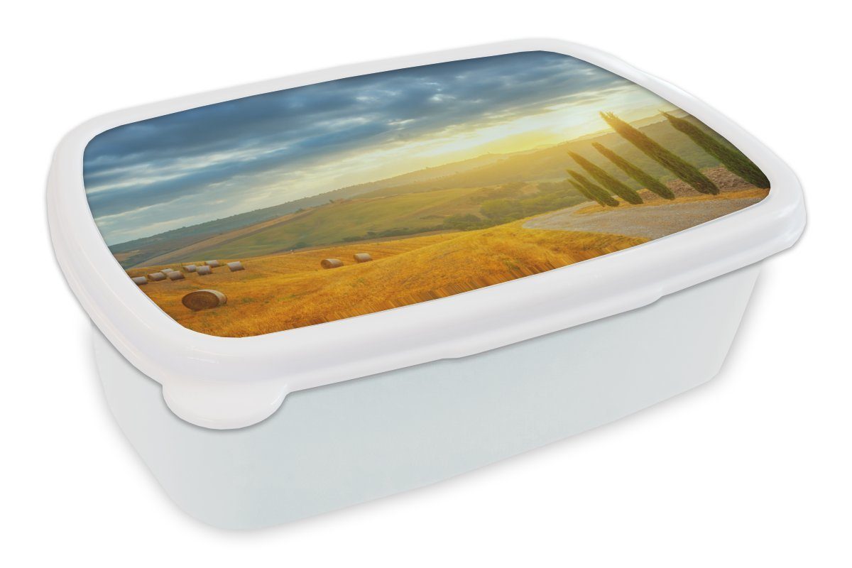 MuchoWow Lunchbox Toskana - Heuballen - Sonne, Kunststoff, (2-tlg), Brotbox für Kinder und Erwachsene, Brotdose, für Jungs und Mädchen weiß
