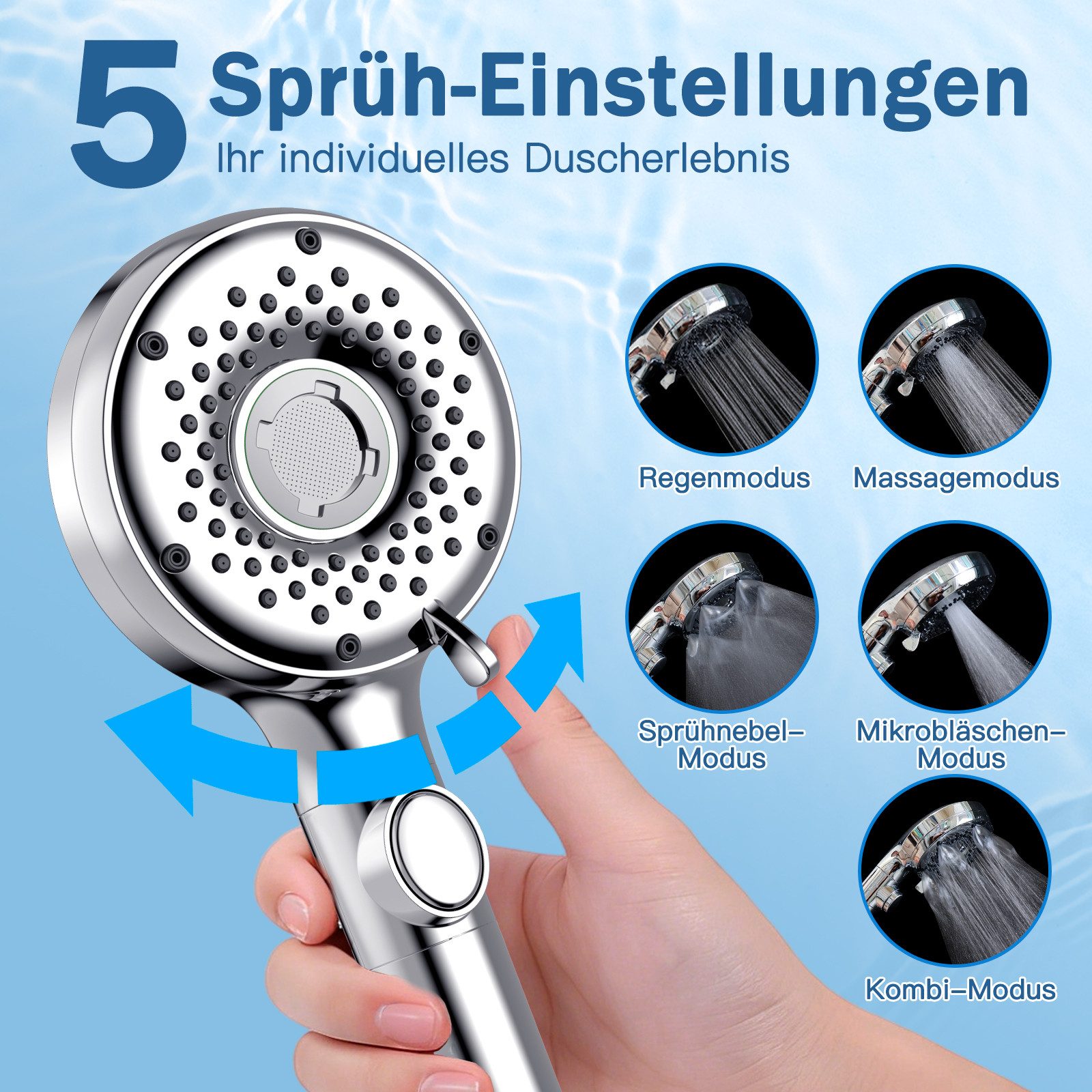 Elegear Handbrause handheld showers brausekopf handbrause duschkopf wassersparend, (1-tlg), Wasserstopp mit einem Klick Mikro-Nano-Blasen wassersparend 5 Stufen