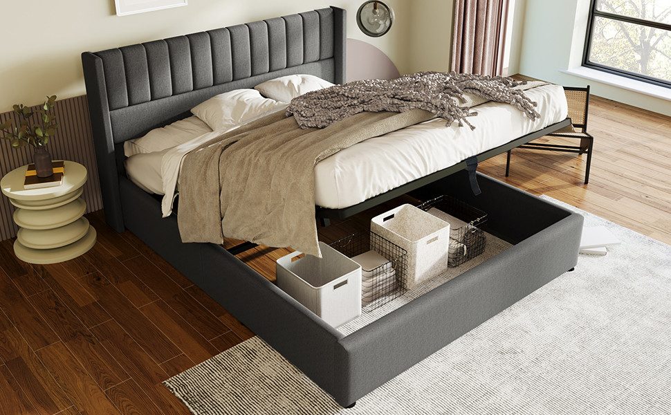 MODFU Polsterbett Stauraumbett Doppelbett (180x200cm Grau Leinen ohne Matratze), Bett mit Lattenrost aus Metallrahmen, Lattenrost aus Holz