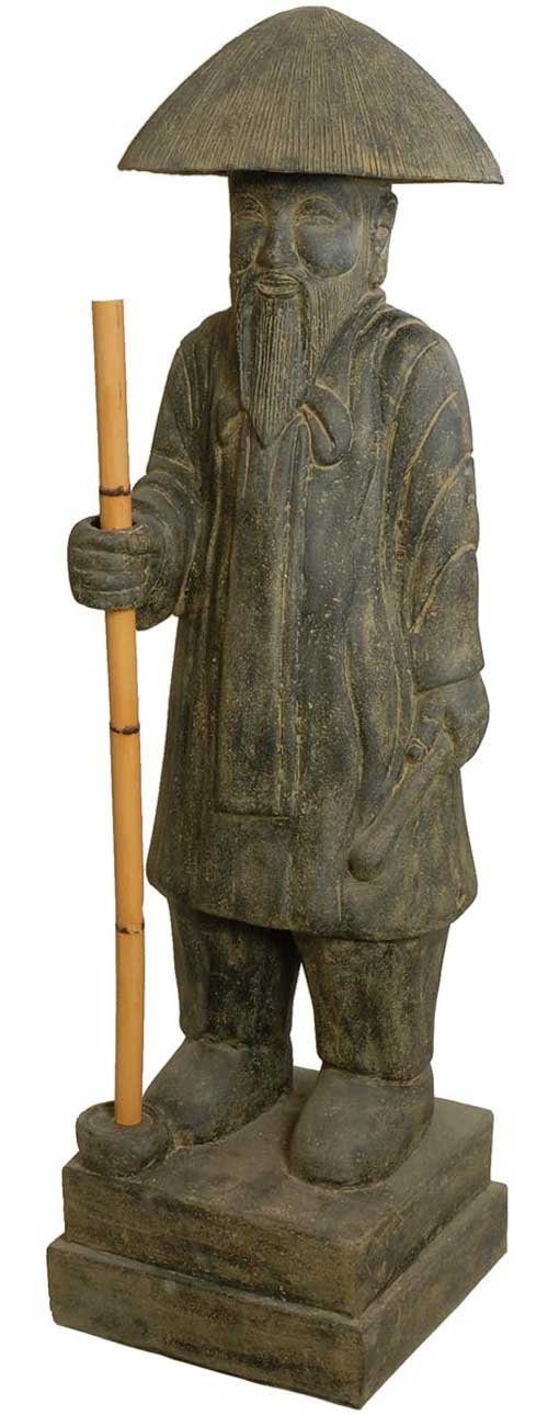 Krines Home Dekofigur Große Gartenfigur Konfuzius 145cm / Mönch mit Stab Steinguss China, Lavastein Chinesischer Bauer Wanderer/Steinfigur für Haus und Garten