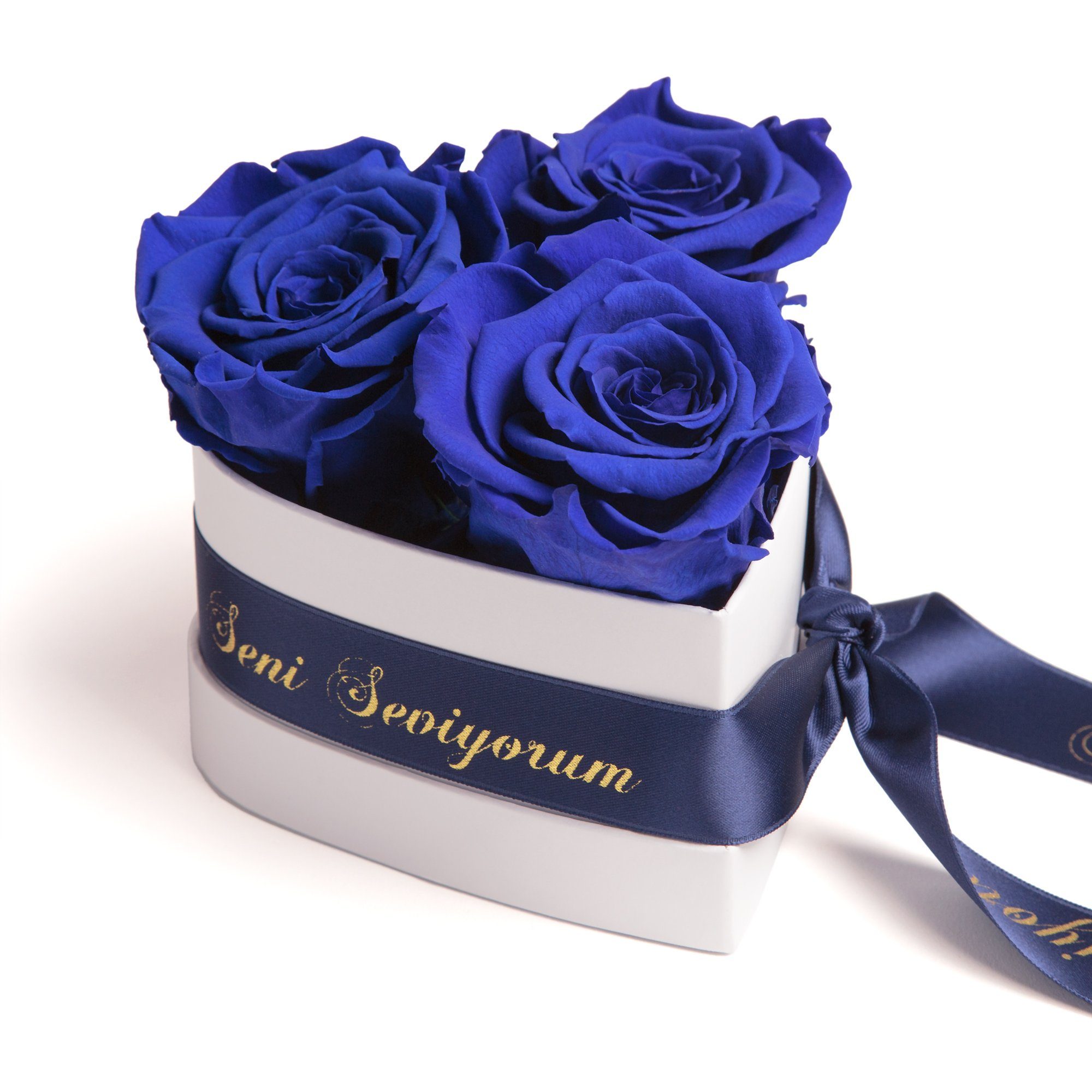 Kunstblume Seni Seviyorum Infinity Rosenbox Herz 3 echte Rosen konserviert Rose, ROSEMARIE SCHULZ Heidelberg, Höhe 10 cm, echte Rosen lang haltbar Blau | Kunstblumen