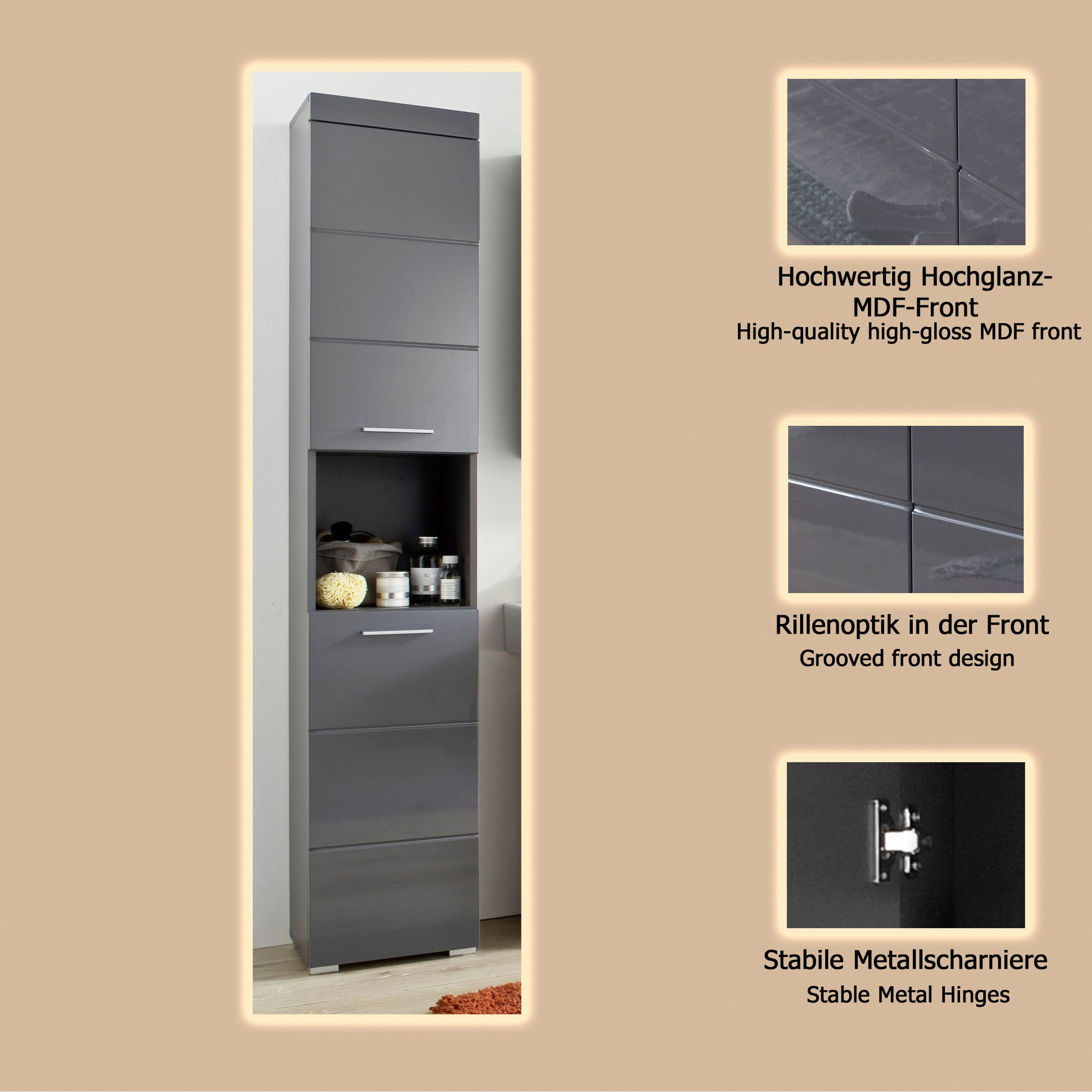 welltime Hochschrank Avena Badschrank mit 2 Türen & 1 Fach - (B/T/H) 37/31/190 cm