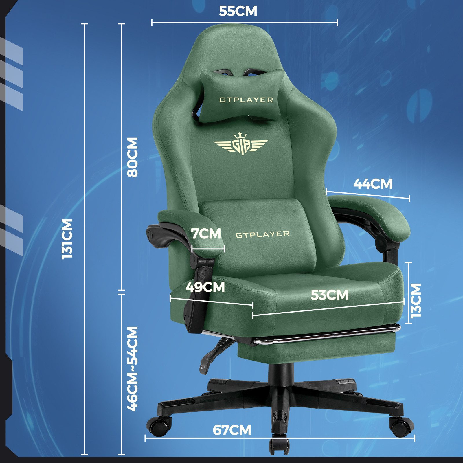 GTPLAYER Gaming-Stuhl Atmungsaktiver Bürostuhl, bürostuhl ergonomisch Hochwertiger - Stoff, 160° Verstellbare Rückenlehne und ausziehbare Fußstütze – Bild 3 von 5