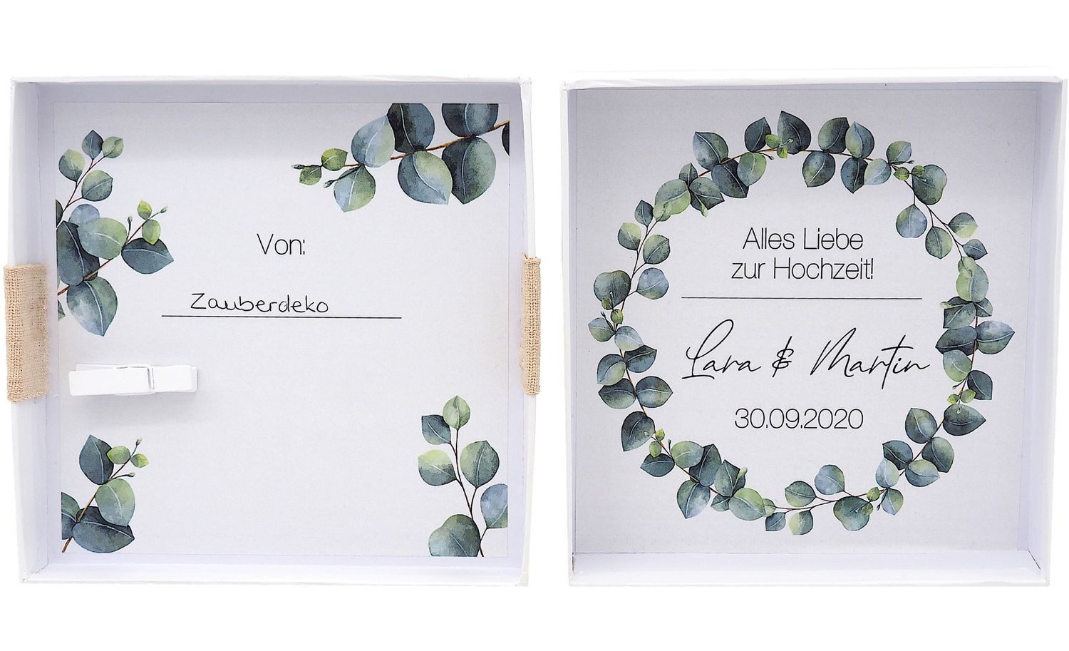 ZauberDeko Geschenkbox Geldgeschenk Verpacken MIT NAME Geschenk Hochzeit Herz Weiß Eukalyptus