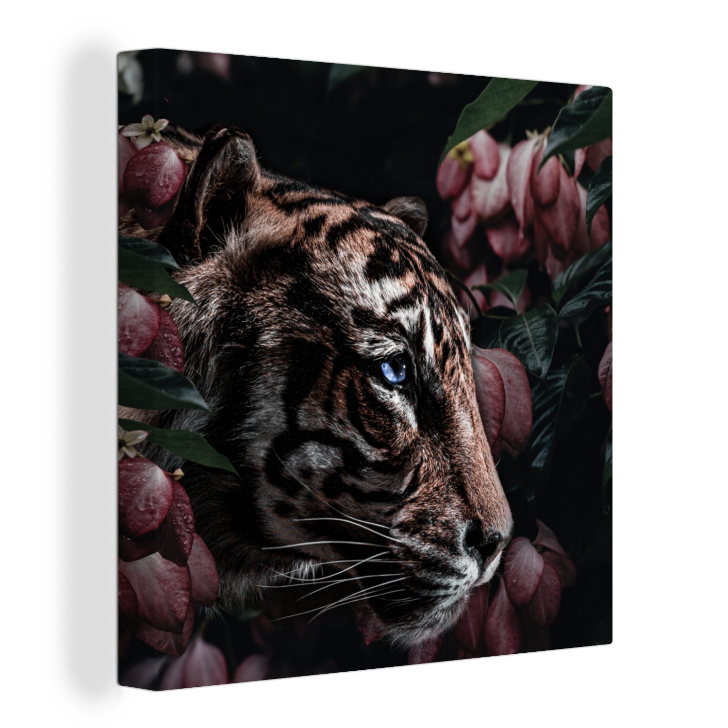 OneMillionCanvasses® Leinwandbild Tiger - Blumen - Pflanze, (1 St), Leinwand Bilder für Wohnzimmer Schlafzimmer