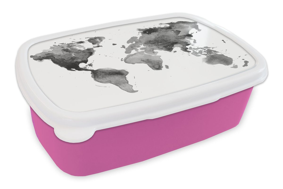 MuchoWow Lunchbox Weltkarte - Aquarell - Schwarz - Weiß - Kinder - Jungen - Mädchen, Kunststoff, (2-tlg), Brotbox für Erwachsene, Brotdose Kinder, Snackbox, Mädchen, Kunststoff rosa