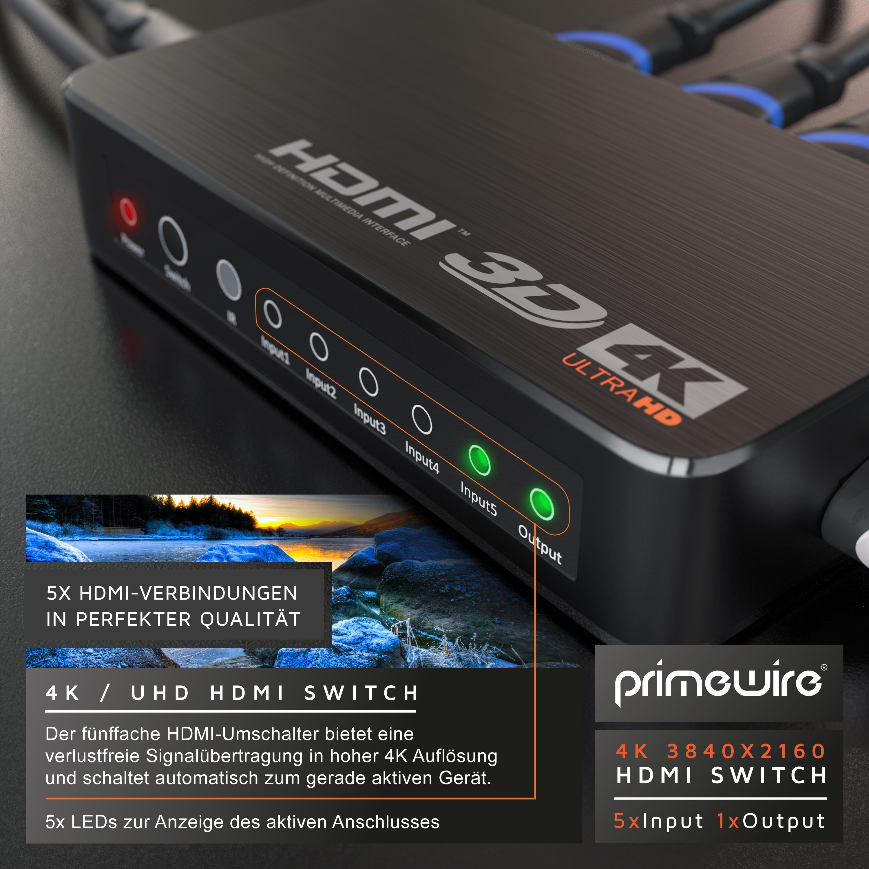 Primewire Audio / Video Matrix-Switch 5-Port Ultra HD 4K HDMI Umschalter mit Fernbedienung - 5x IN/1x OUT, Alu Verteiler HDMI 2.0b Ultra HD 4096x2160 3840x2160, – Bild 5 von 5