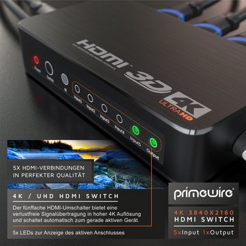 Primewire Audio / Video Matrix-Switch, 5-Port Ultra HD 4K HDMI Umschalter mit Fernbedienung - 5x IN/1x OUT