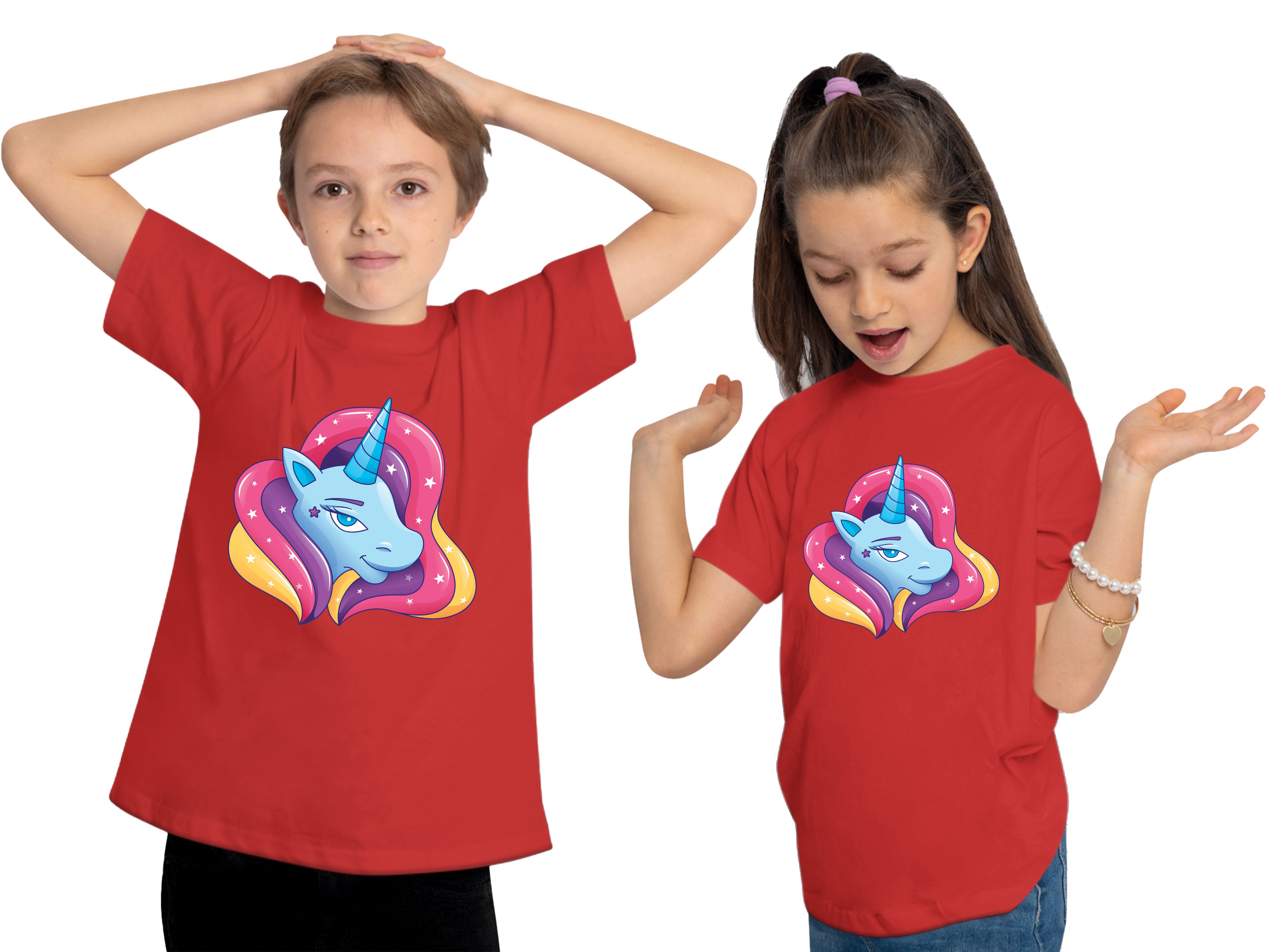 MyDesign24 Mädchen i195 mit bedrucktes mit Kinder rot Kopf Regenbogenmähne Print-Shirt Aufdruck, - T-Shirt Baumwollshirt Einhorn
