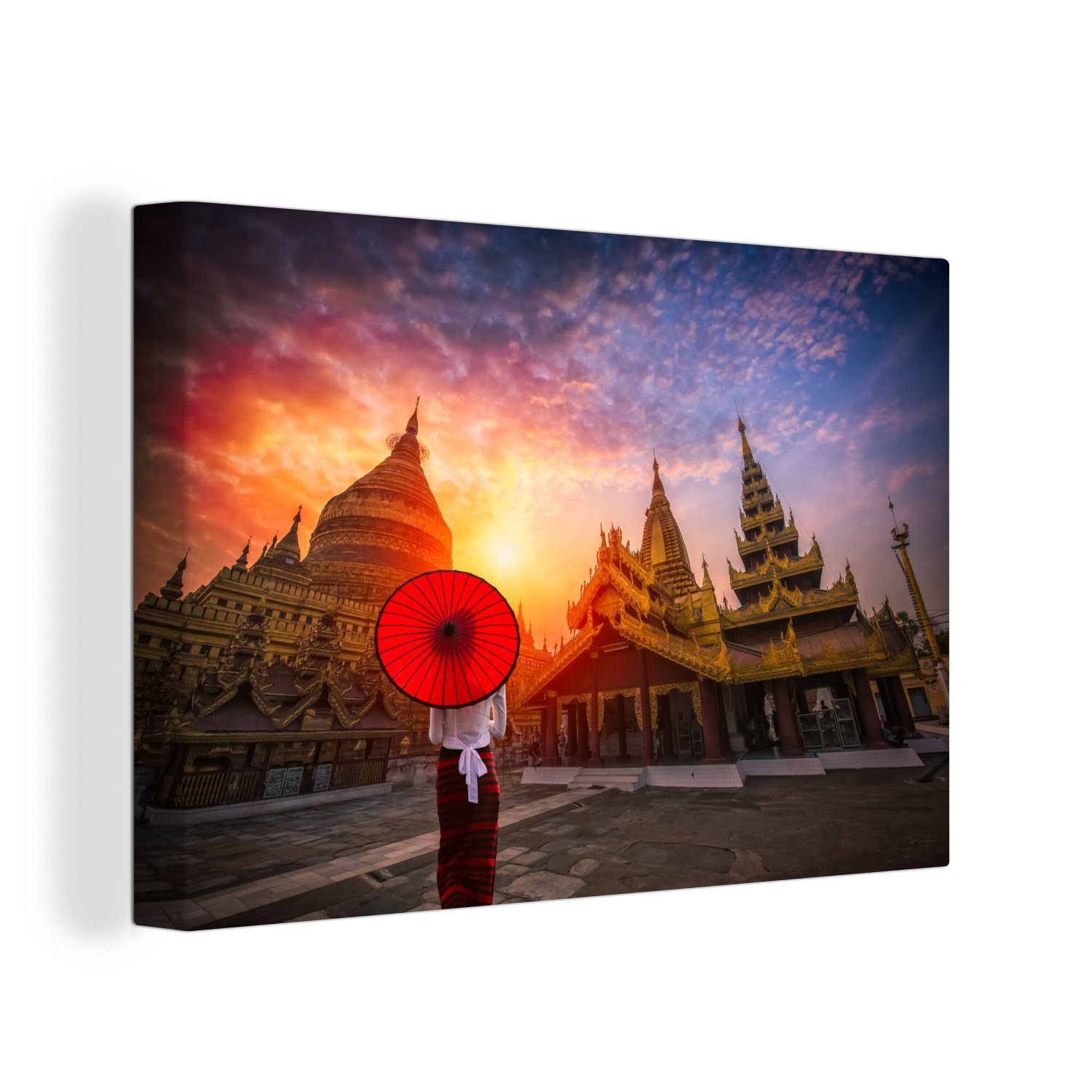 OneMillionCanvasses® Leinwandbild Bunter Himmel über der Goldenen Pagode in Yangon, Myanmar, (1 St), Wandbild Leinwandbilder, Aufhängefertig, Wanddeko, 30x20 cm