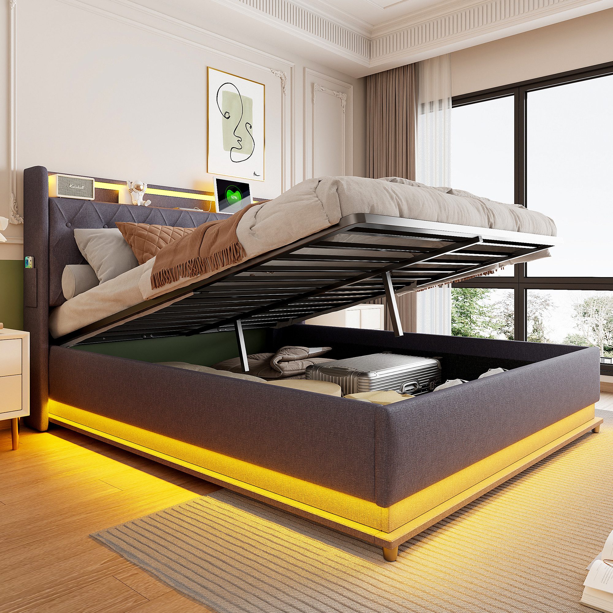 Merax Polsterbett mit LED-Beleuchtung & USB-Ladeanschluss günstig online kaufen