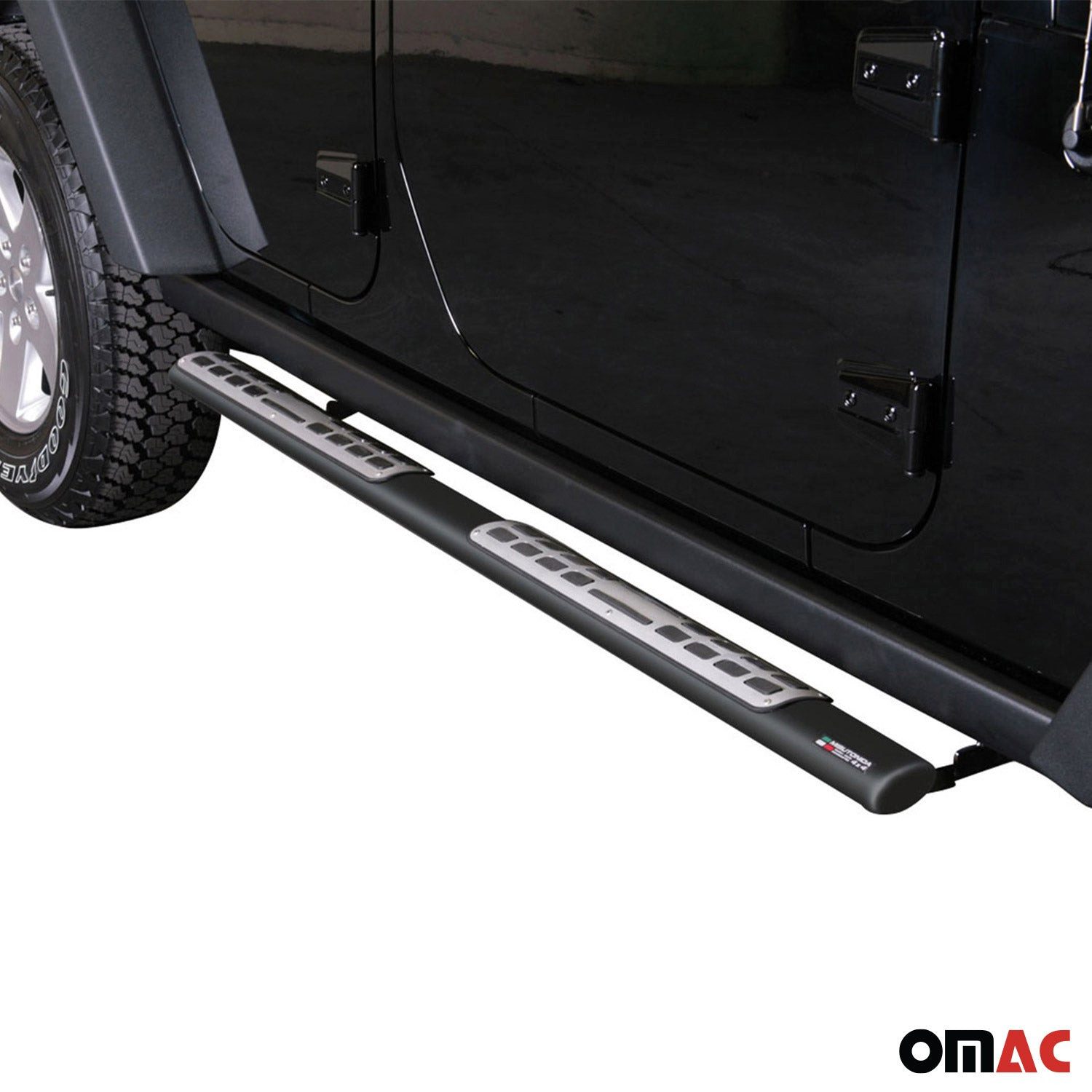 OMAC Kfz-Schmutzfänger Stahl Seitenschweller für Jeep Wrangler 2007-2018 Schwarz, 2-tlg., Rutschfest, Haltbar, Aerodynamik