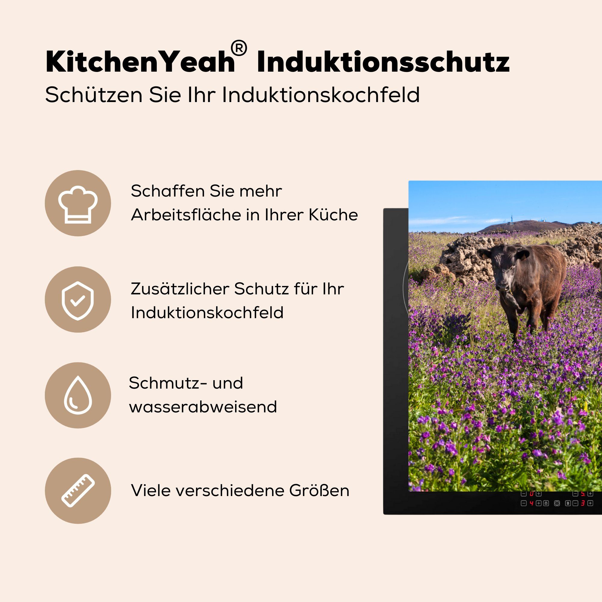 MuchoWow Herdblende-/Abdeckplatte die Vinyl, - für Schutz Induktionskochfeld Lavendel küche, cm, - Wiese, tlg), (1 Kuh 81x52 - Blumen Ceranfeldabdeckung