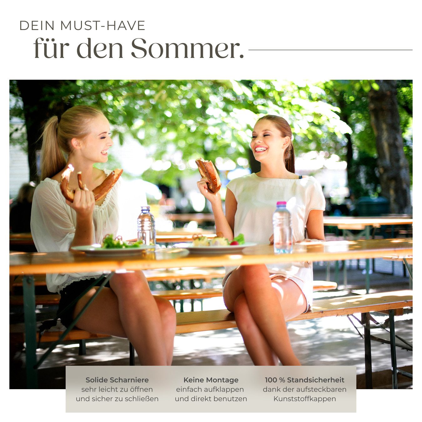 tectake Bierzeltgarnitur Festzeltgarnitur mit Sonnenschirmhalterung, Lackierung mit Klarlack, (Set., 3-tlg., in braun), Komplett vormontiertes und äußerst belastbares Gartenmöbelset