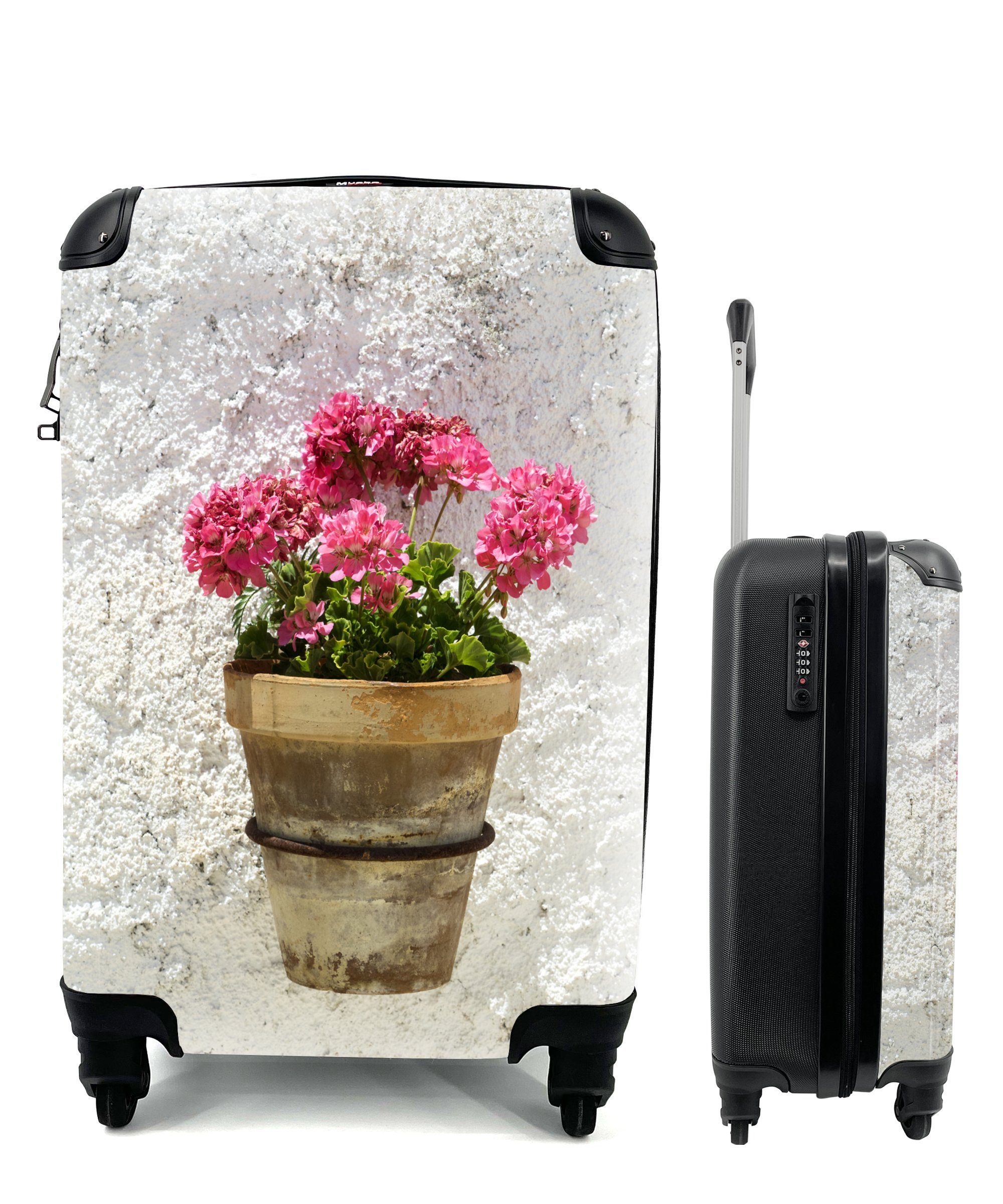 MuchoWow Handgepäckkoffer Ein rollen, für Reisekoffer Geranienblüten Reisetasche mit Topf in 4 Trolley, Ferien, Rollen, Bocairent, mit Handgepäck