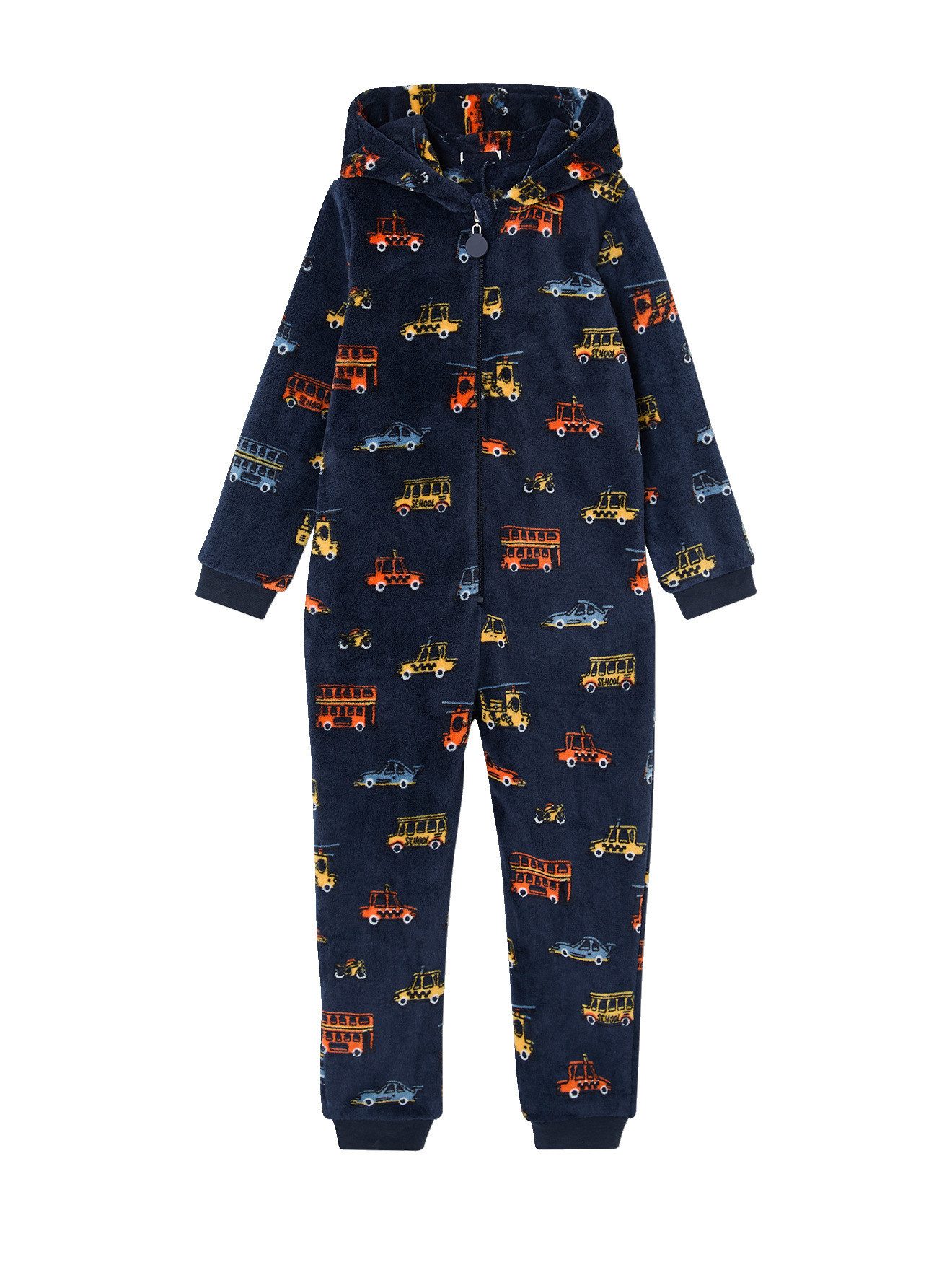 vertbaudet Schlafanzug Kinder Fleece-Overall mit Fahrzeug-Motiven, Onesie