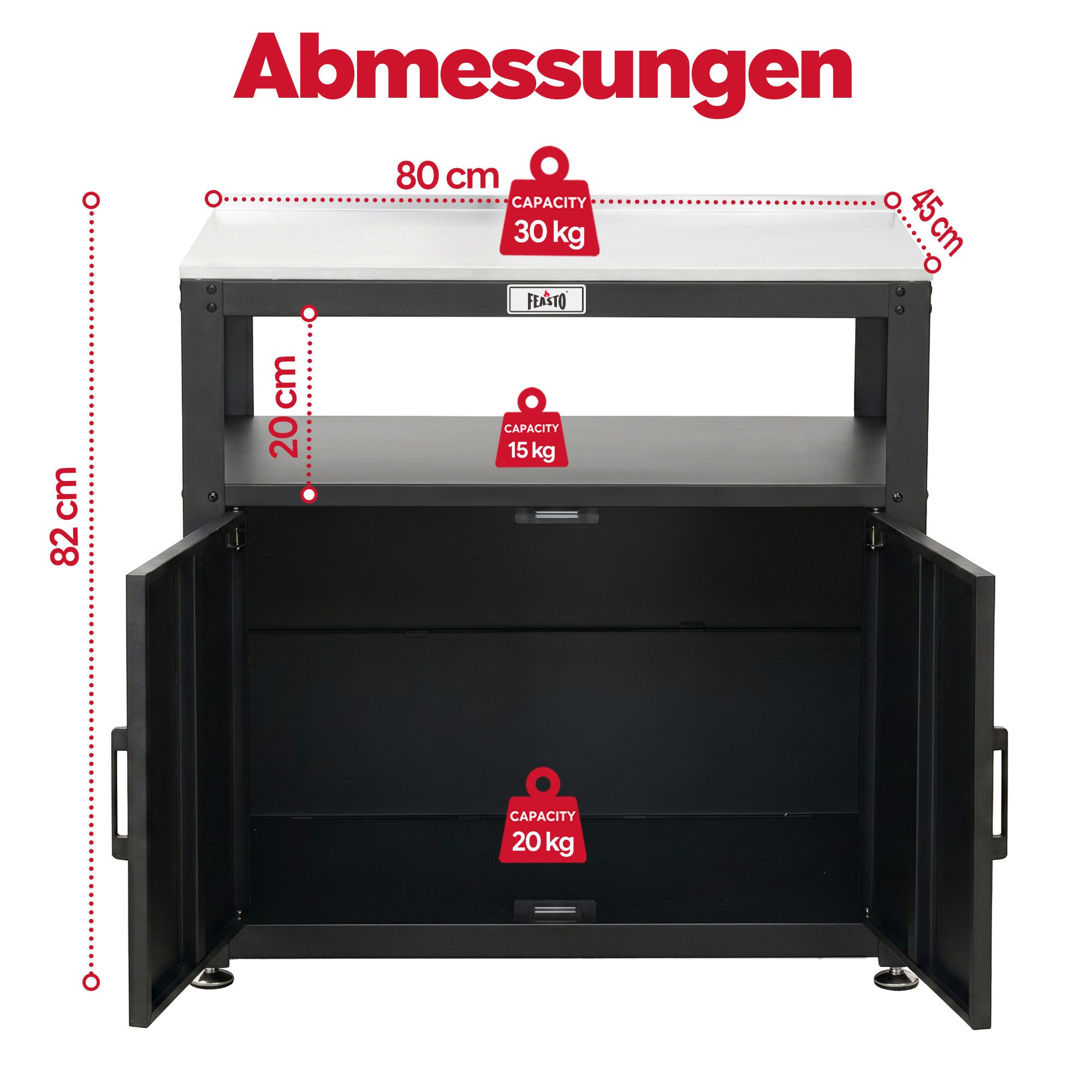 Feasto Servierwagen Gartenschrank wetterfest, Garten-Umtopftisch mit Schrank, 80x45x82 cm, Multifunktionaler Gartentisch mit Edelstahlplatte & großem Stauraum