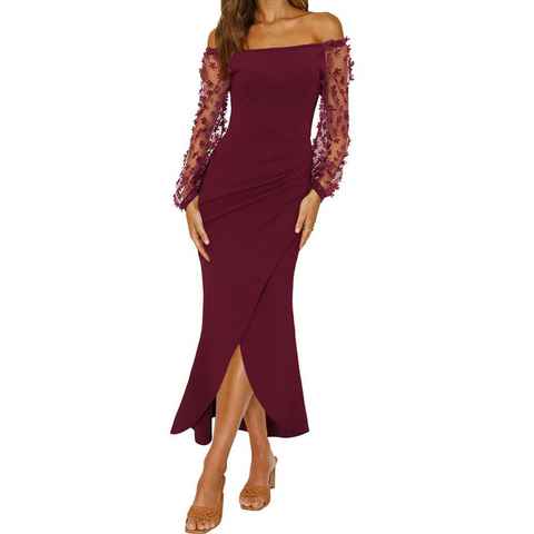 B.X Abendkleid Damen Lässige Slim-Fit Midi-Kleider Cocktailkleider Party Kleid Elegantes Off-Shoulder-Kleider Lange Ärmel Geschlitzter Wickelkleid