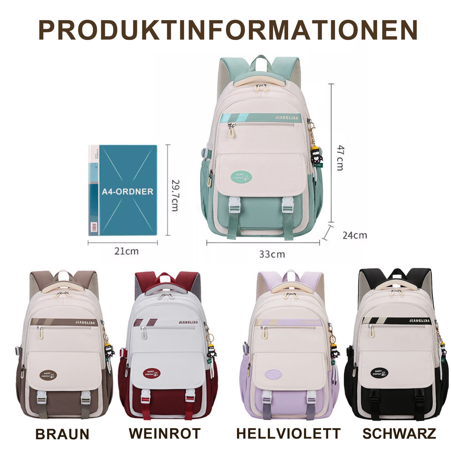 Mutig Schulrucksack Schulrucksack Teenager,Schulranzen-Set 3-teilig,große Kapazität (Wasserdicht Schulranzen,Unisex Geeignet für Mittelstufe-Universität, Mit Anhänger für jugendliche zum Schulbesuch,Einkaufen,Camping usw), Mit ergonomischem Design zur Entlastung von Schultern und Rücken