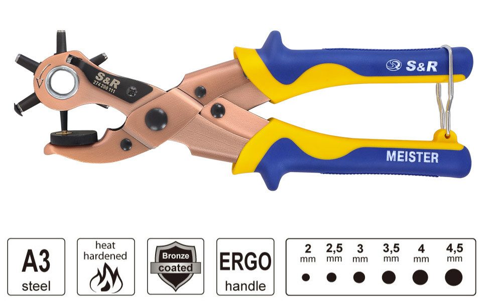 S&R Revolverlochzange Hebel-Revolverlochzange Set, Rund, Lochpfeifen: 2-2,5-3-3,5-4-4,5 mm, Set 1-tlg., + Multitool zum Markieren, Schärfen und Reinigen der Lochpfeifen, für Gürtel, Textil, Schuhe, Uhrenarmbänder, Gurte, Sattel, Karton. etc