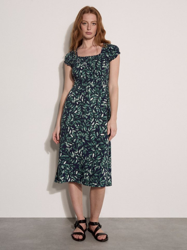 Apricot Midikleid Druckkleid mit Blattmuster