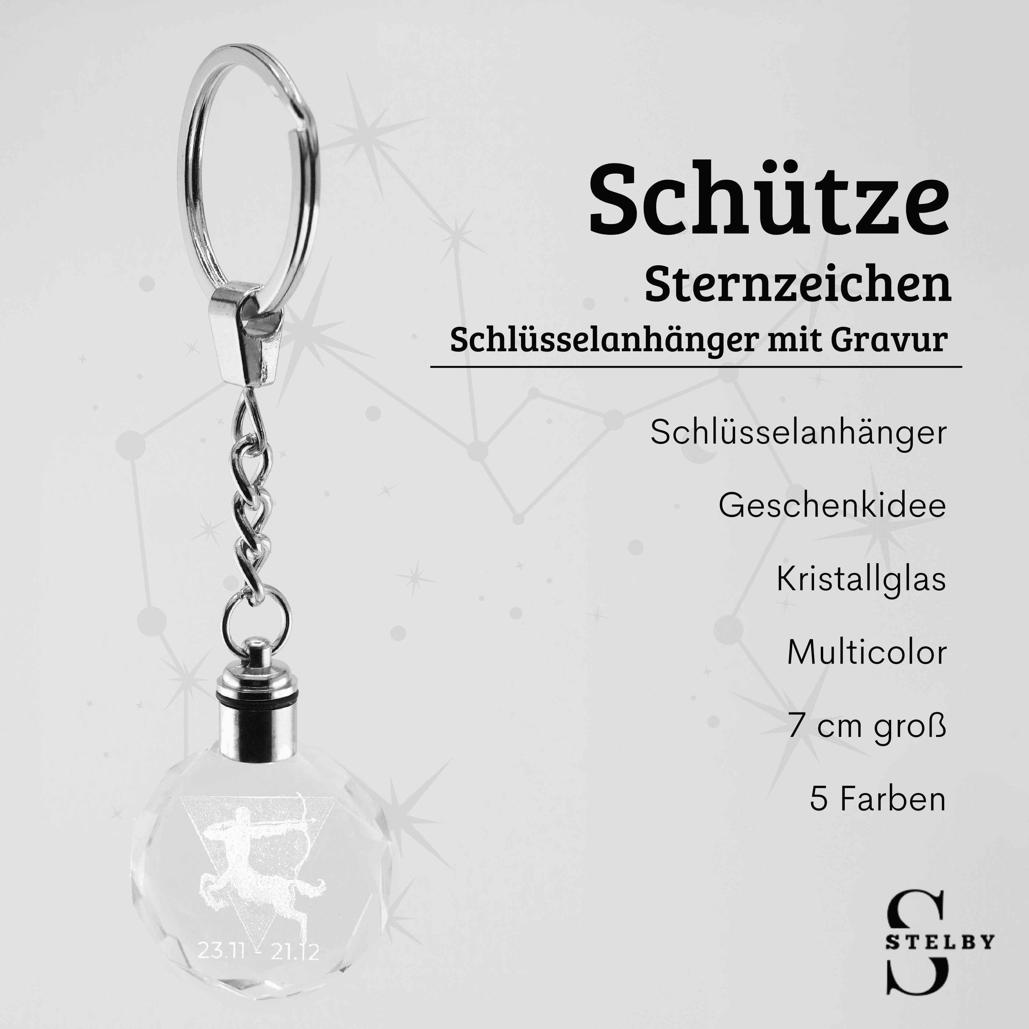 Stelby Schlüsselanhänger mit Gravur Schlüsselanhänger LED Sternzeichen aus Glas mit Farbwechsel (inkl. Geschenkbox), Farbwechsel, transparent, modernes Design – Bild 2 von 5