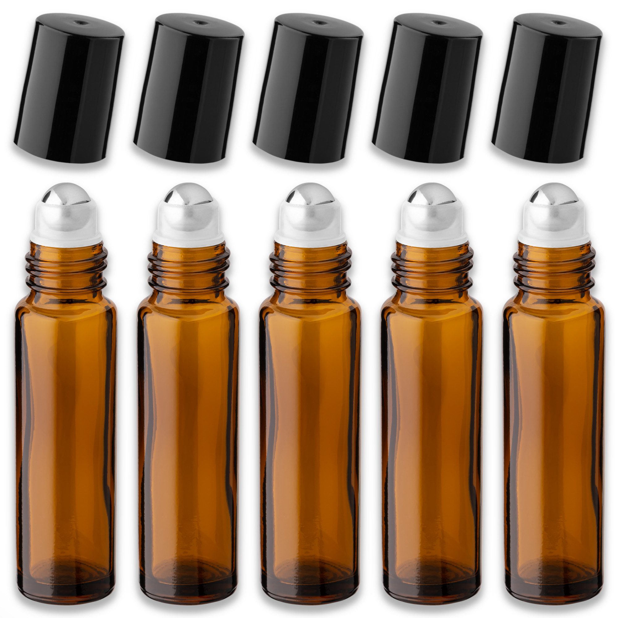 CK Verpackung GmbH Leerglas 5x Braune Glasflasche 10 ml Roll-On mit schwarzem Schraubverschluss