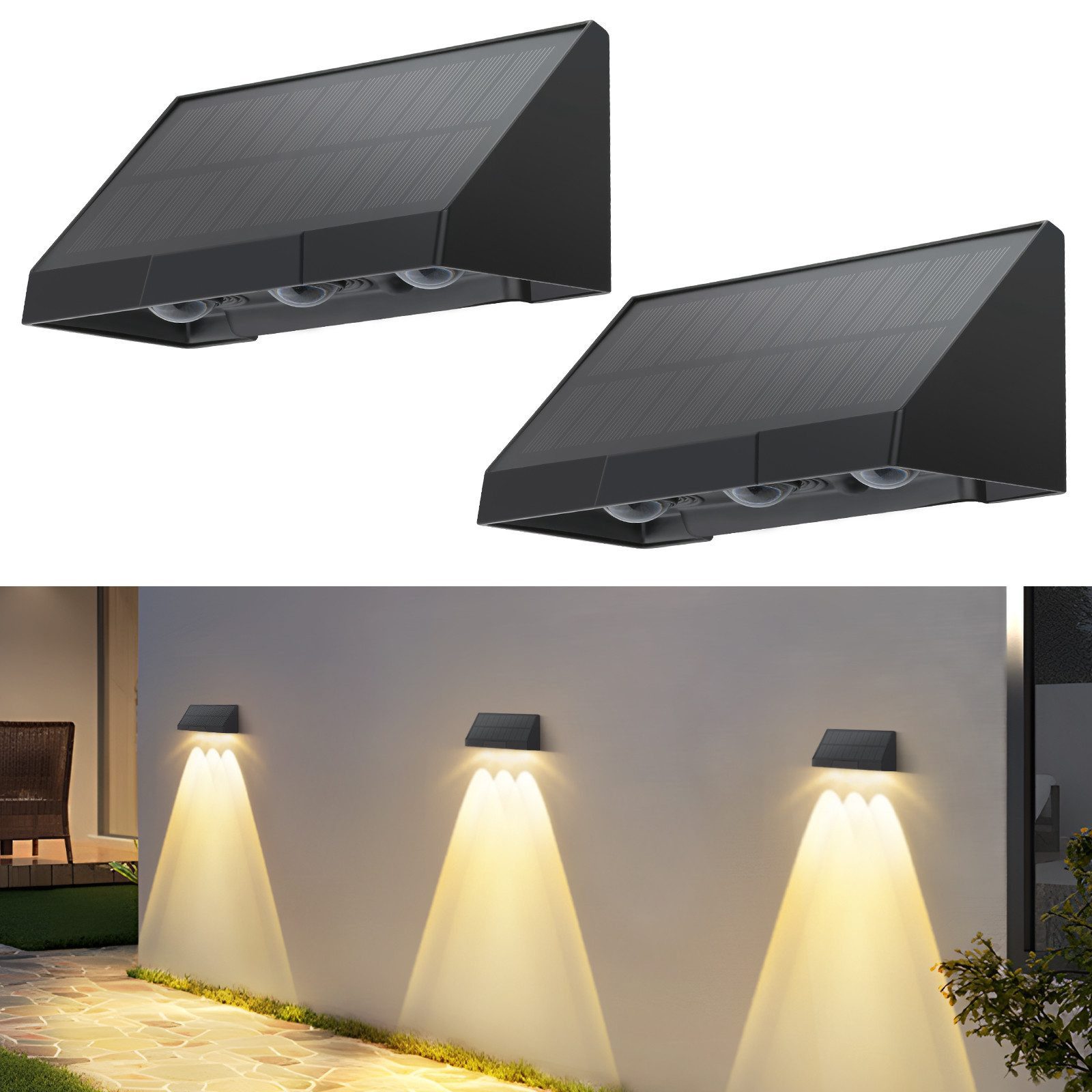 Nettlife LED Außen-Wandleuchte Schwarz 3 LEDs Solarlampe 3000K Warmweiß 2 Modi Solarwandleuchte, LED fest integriert, Warmweiß, solarleuchte für Zaun Terrasse Balkon Garten Treppen