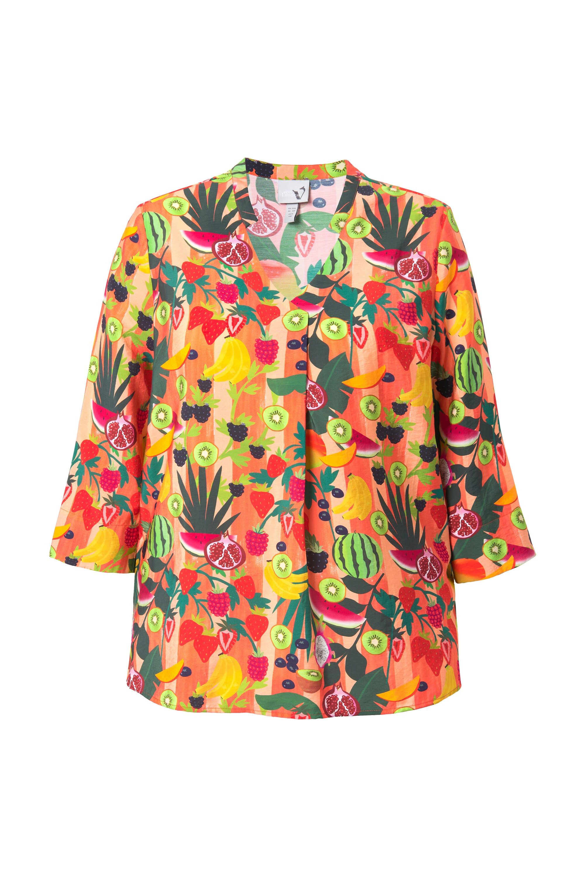 Ulla Popken Longbluse Tunika Früchte Stehkragen V-Ausschnitt 3/4-Arm