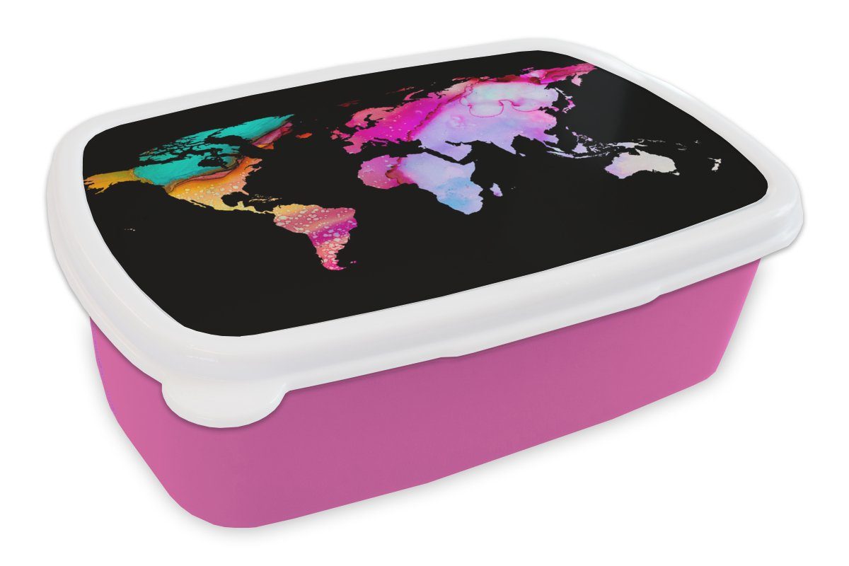 MuchoWow Lunchbox Weltkarte - Aquarell - Regenbogen, Kunststoff, (2-tlg), Brotbox für Erwachsene, Brotdose Kinder, Snackbox, Mädchen, Kunststoff rosa