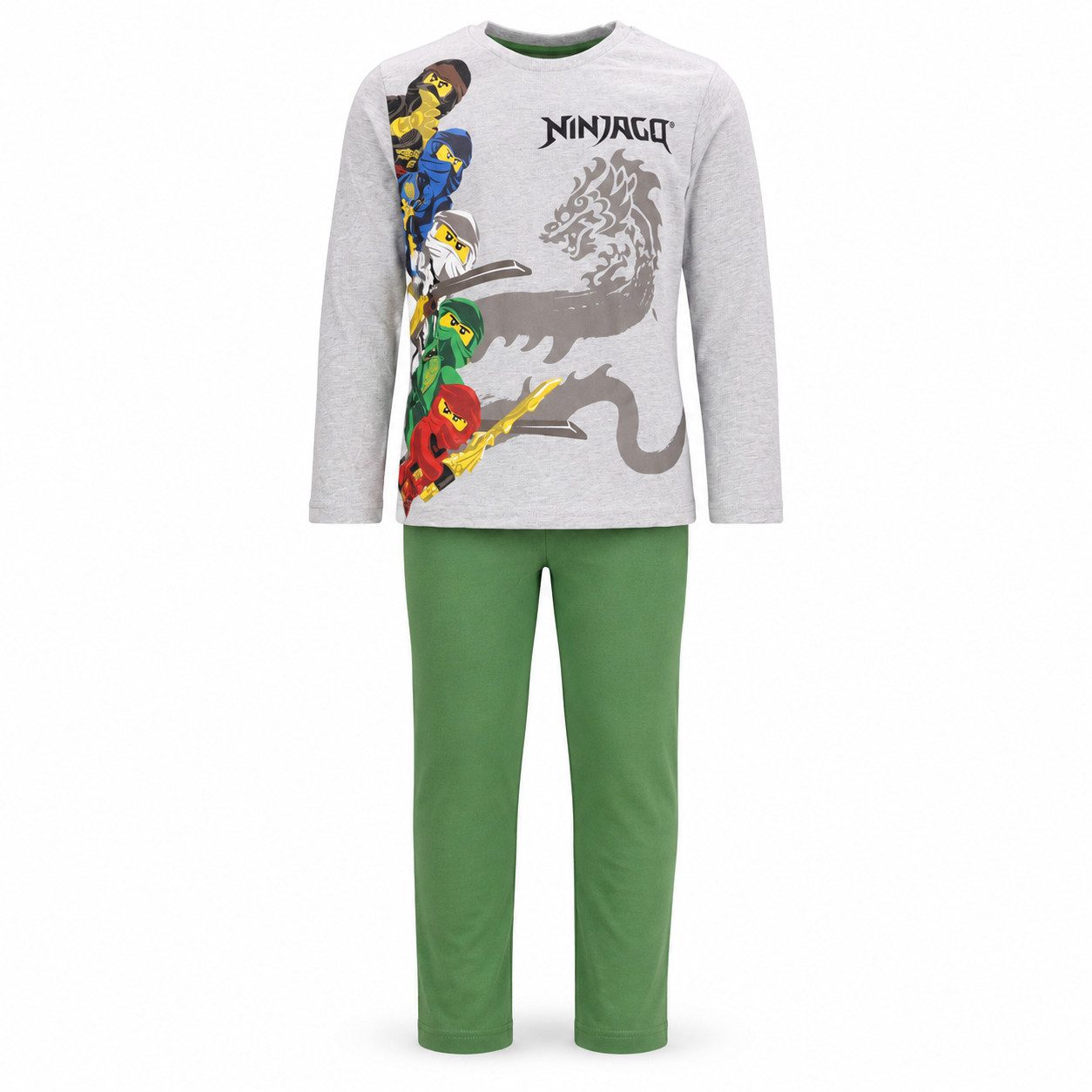LEGO® Schlafanzug LEGO Ninjago Jungen Pyjama Blau Grau Gr. 98-104 (Schlafanzug-Set, 2 tlg., 2-teilig: Langarmshirt und lange Schlafhose) Ninja-Figuren, Masken- und Drachenmotive