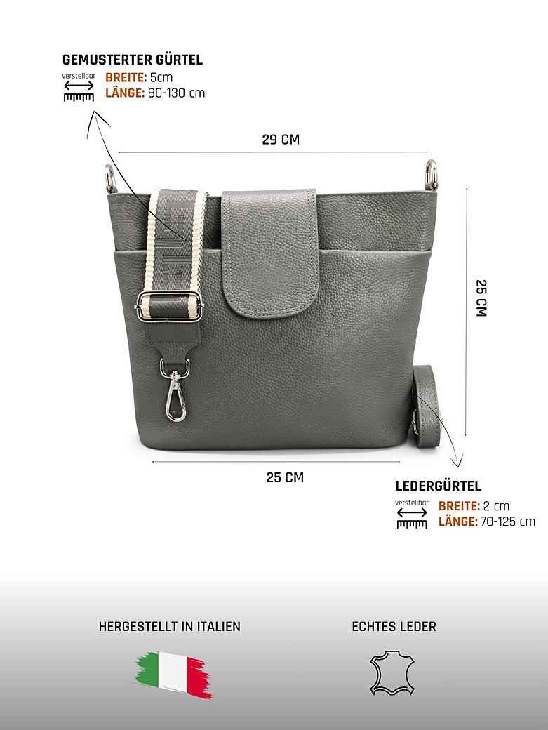 Adel Bags Schultertasche SARA Umhängetasche Damen Dunkelgrau aus Echtleder Crossbody (Test SEHR GUT, Note 1.1), 20 Farboptionen, Hergestellt in Italien, mit 2 Riemen