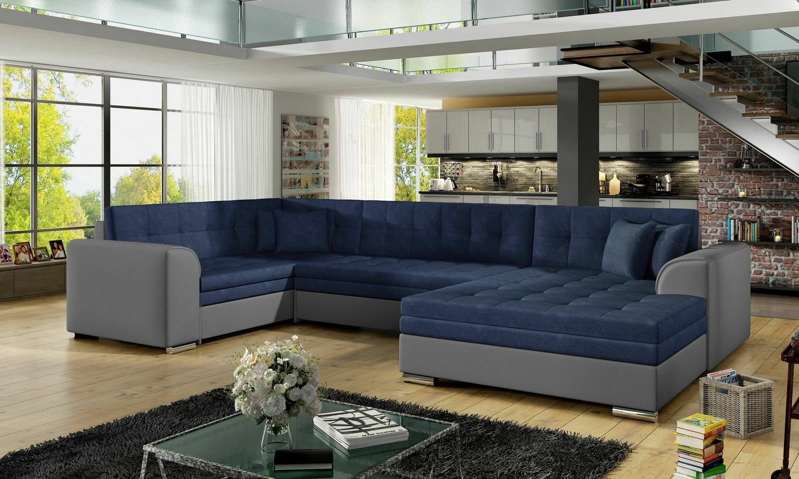 JVmoebel Ecksofa Design Ecksofa Schlafsofa Bettfunktion Couch Leder Textil Polster, Mit Bettfunktion Blau/Grau