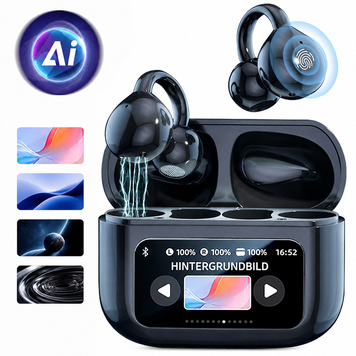 Vashoy Offene Bluetooth-Ohrclip-Kopfhörer mit KI-Übersetzung & Protokoll Bluetooth-Kopfhörer (Echtzeit-Übersetzungsfunktion, Mit Protokollfunktion, Drahtlose Verbindung Bluetooth, 5.4 Bluetooth, wasser- und winddicht, Ohrclip-Design,mit Display)