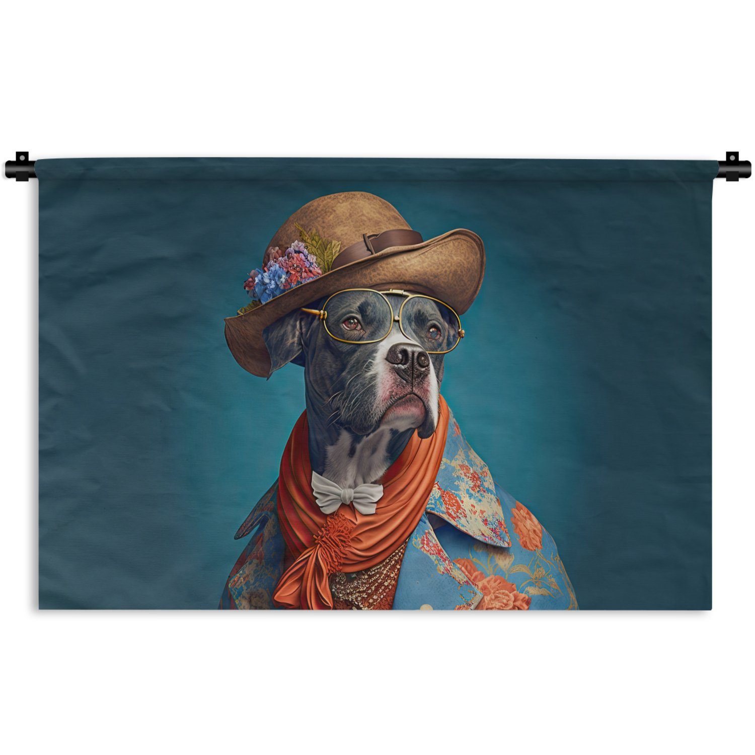 - Hund Blumen Blau, Hut - - Wohnzimmer, - Wandbehang, Kinderzimmer Wanddeko Jacke Kleid, für MuchoWow Schlafzimmer, Wanddekoobjekt