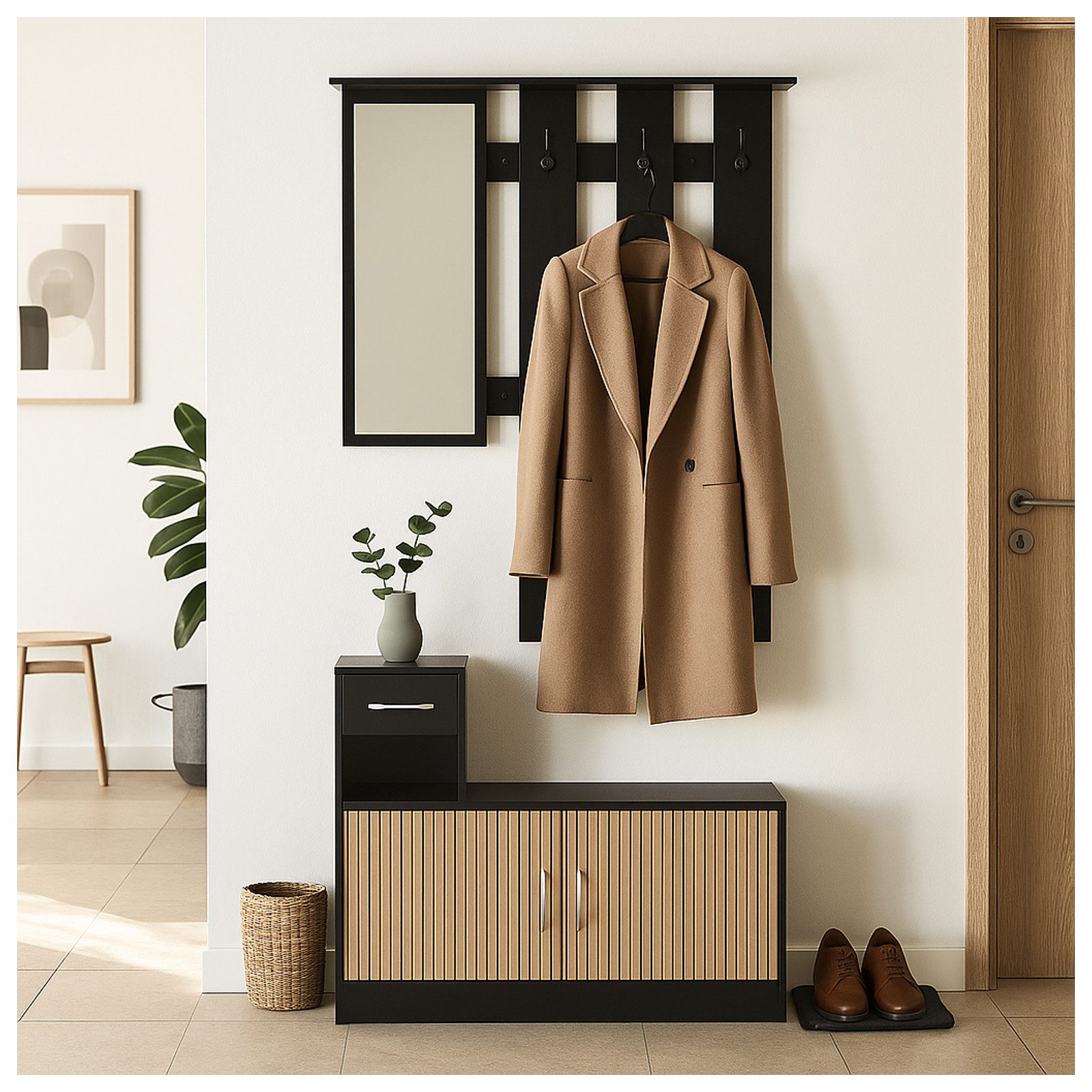 HTI-Living Garderobe Garderobenpaneel mit Spiegel und Schuhschrank Schwarz- günstig online kaufen