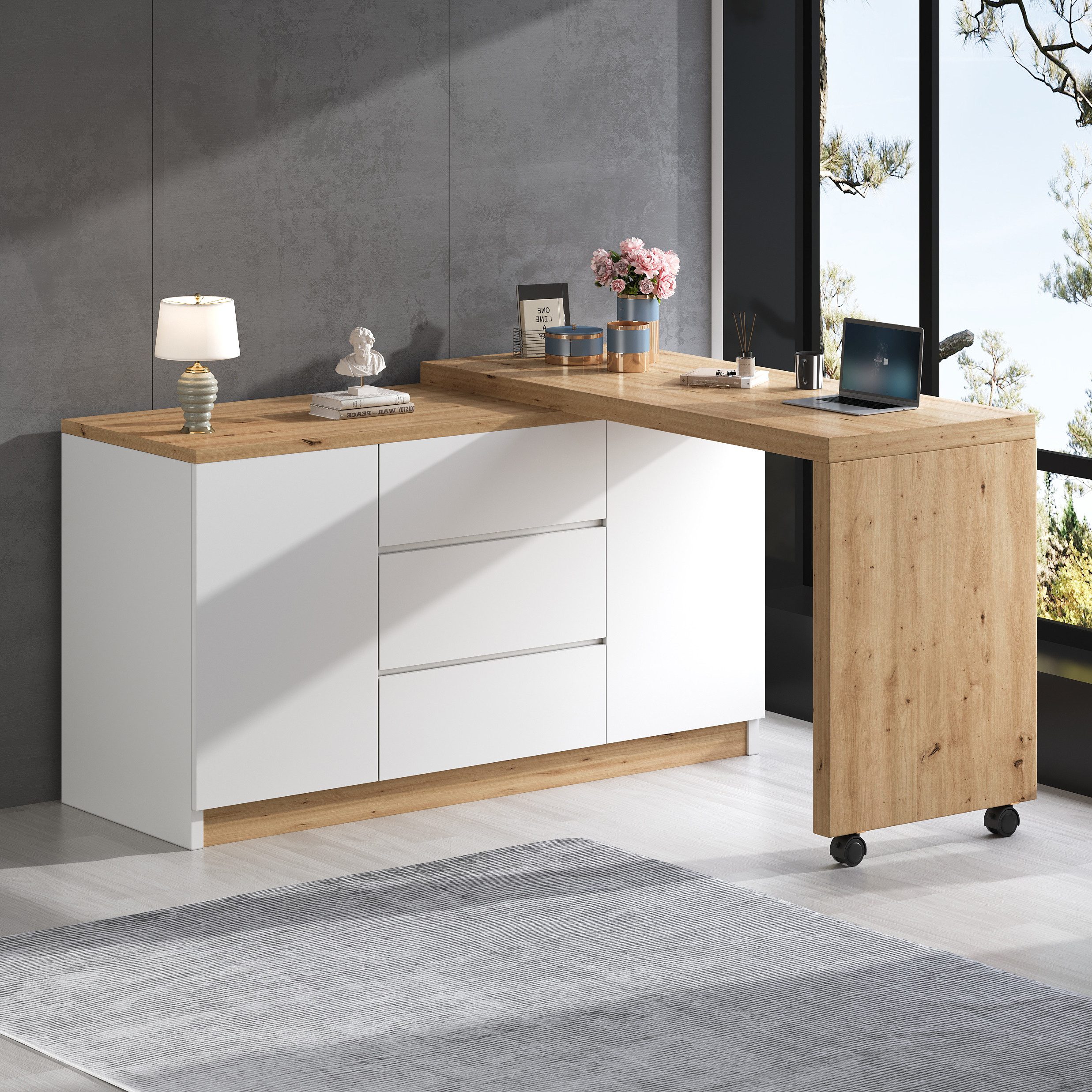 Flieks Kommode mit 360° drehbare Tisch, Rollen und Schubladen (2 St., mit verstellbaren Einlegeböden), Schreibtisch Sideboard Mehrzweckschrank Arbeitstisch weiß&Eiche