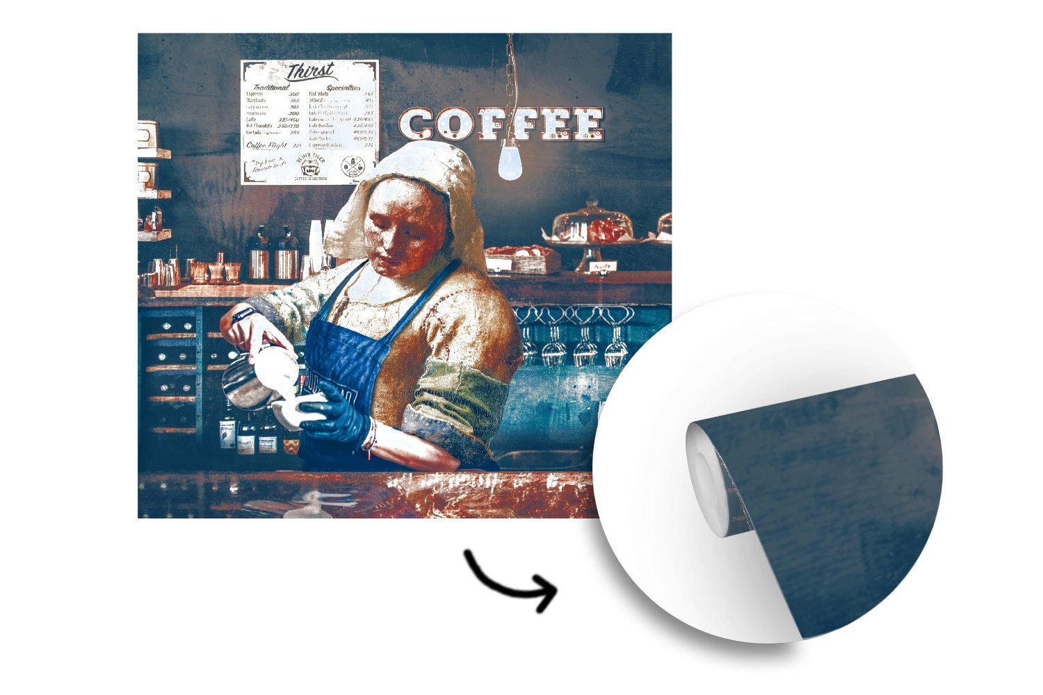 - bedruckt, oder (5 - Wandtapete Milchmädchen Vinyl St), - MuchoWow Tapete Barista für Fototapete Wohnzimmer Vermeer Matt, - - Cappuccino Kaffee _, Schlafzimmer, Kunst