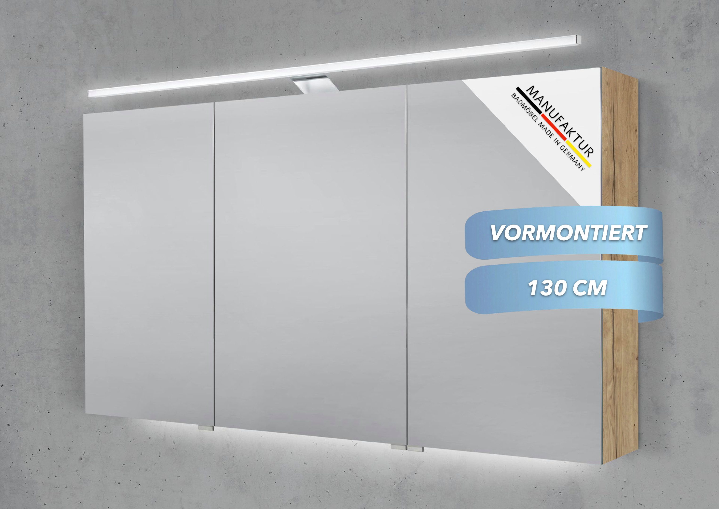 Intarbad Badezimmerspiegelschrank 3-türiger Spiegelschrank mit MULTI LED Aufbauleuchte stufenlos dimmbar (Doppelspiegeltüren, Holz-/ Lackdekore, Maße von 130 bis 160 cm wählbar, Höhe 70 cm, Glasfachböden, Magnetleiste & Kosmetikspiegel Ø 12 cm) Vormontierte Lieferung, Floatglas, 160 kg Traglast, Made in Germany