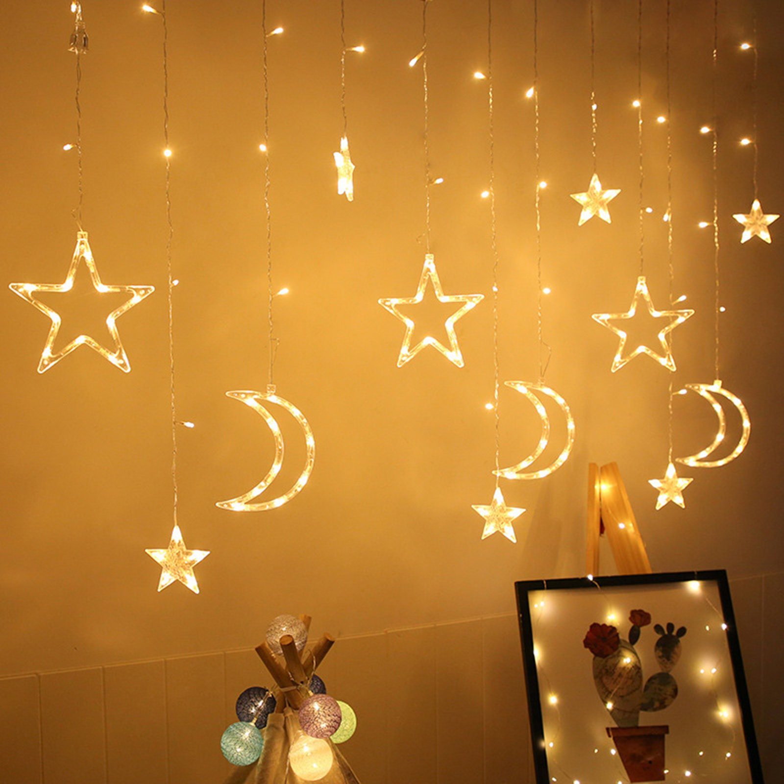Sunicol LED-Lichtervorhang Eid Dekolicht,mit Mubarak Mond,Batteriebetrieb, Energieeinsparung LED Stern Warmweiß Ramadan Wasserdicht