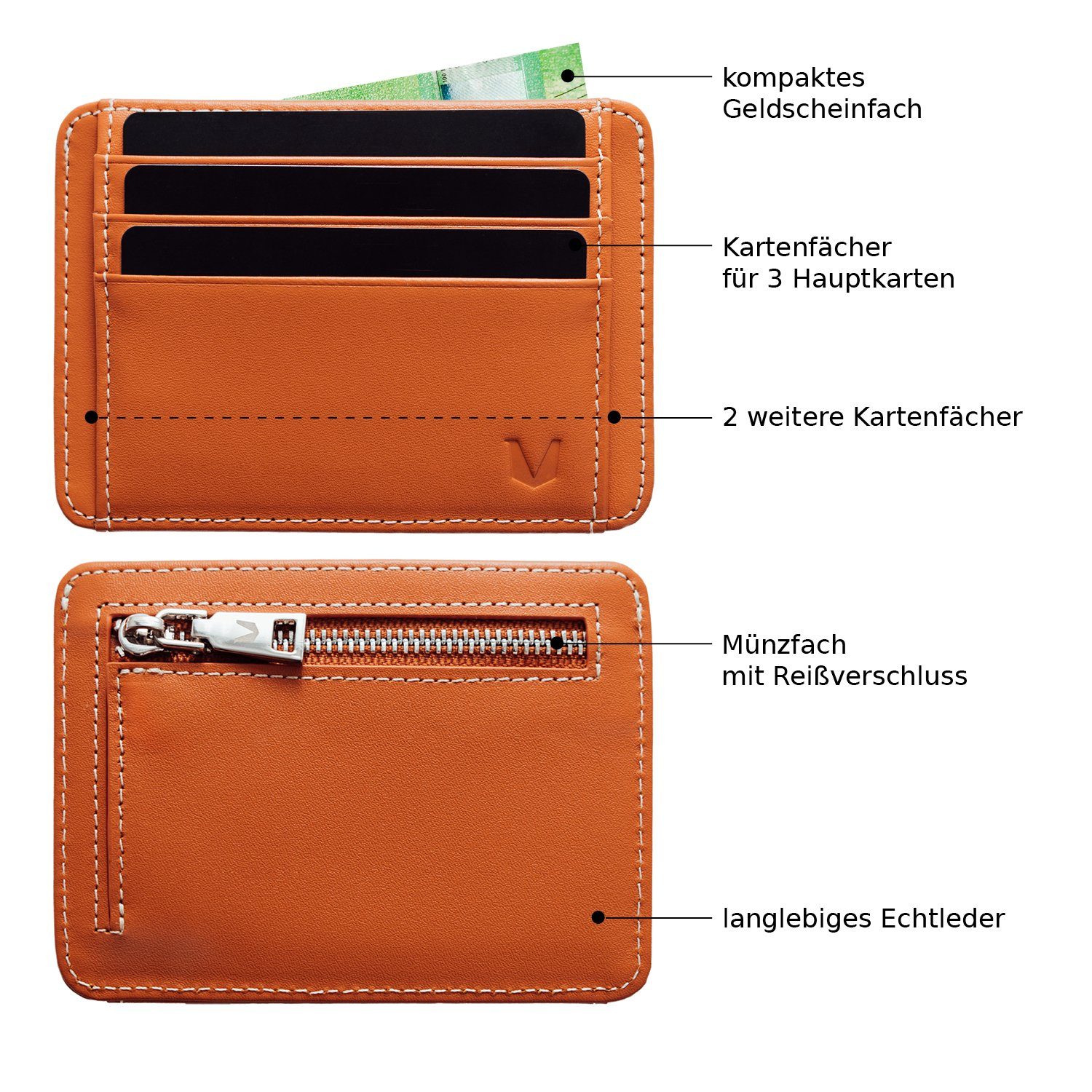 MAGATI Mini Geldbörse Mini Wallet Rindsleder, LEZA Cognac Reißverschluss, Geschenkbox), Schutz, Münzfach RFID Echtes (Inkl
