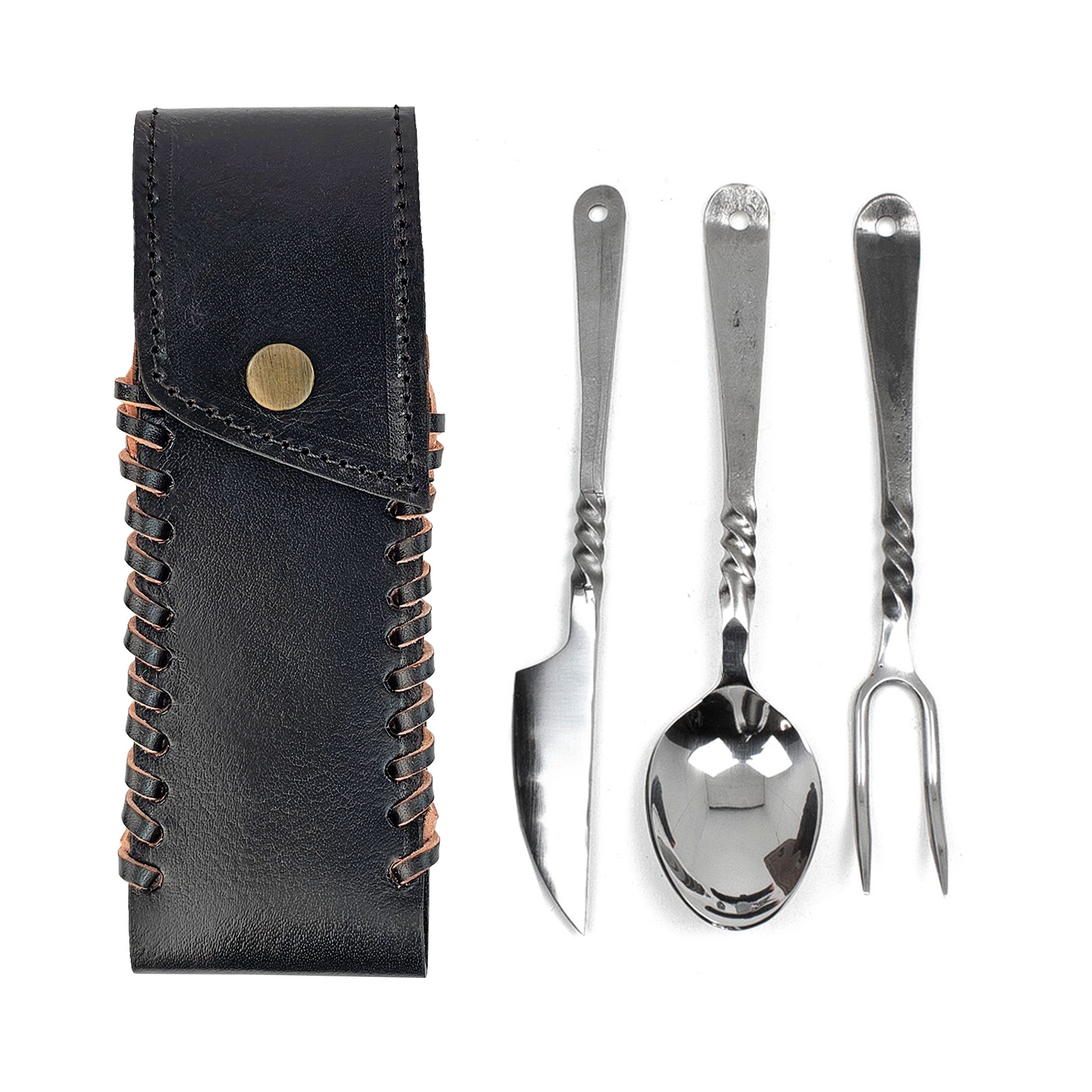 Vehi Mercatus Besteck-Set Besteckset 4-teilig Edeltstahl Fuhrmannsbesteck, schwarze Ledertasche, 1 Personen, Leder, Edelstahl
