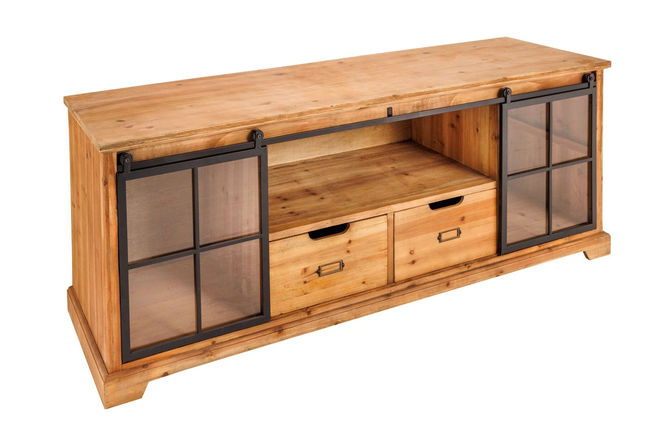 Licht-Erlebnisse TV-Board MONTY, Rustikal 160 cm Schiebetüren Holz Glas Metall 2 Schubladen